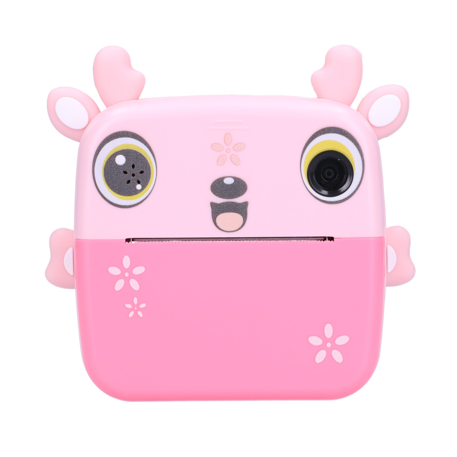 Fotocamera rosa per bambini con design da cervo, corna e dettagli di fiori bianchi.