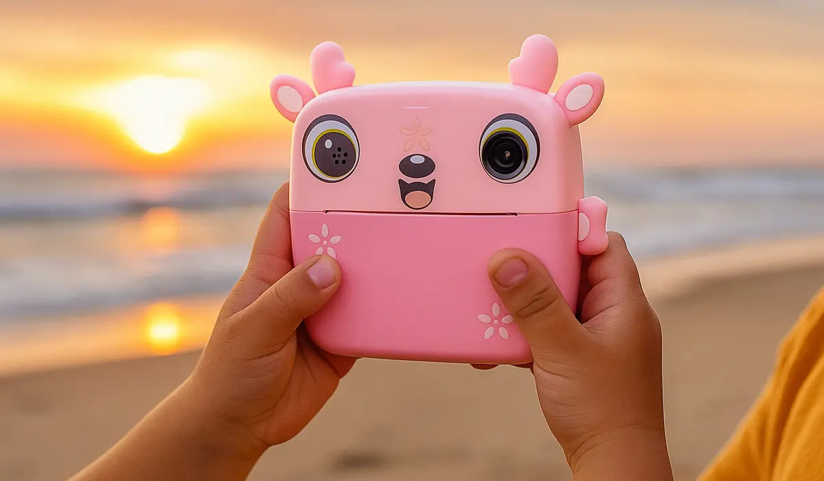 Un bambino tiene in mano una fotocamera istantanea rosa a forma di cervo su sfondo di spiaggia.