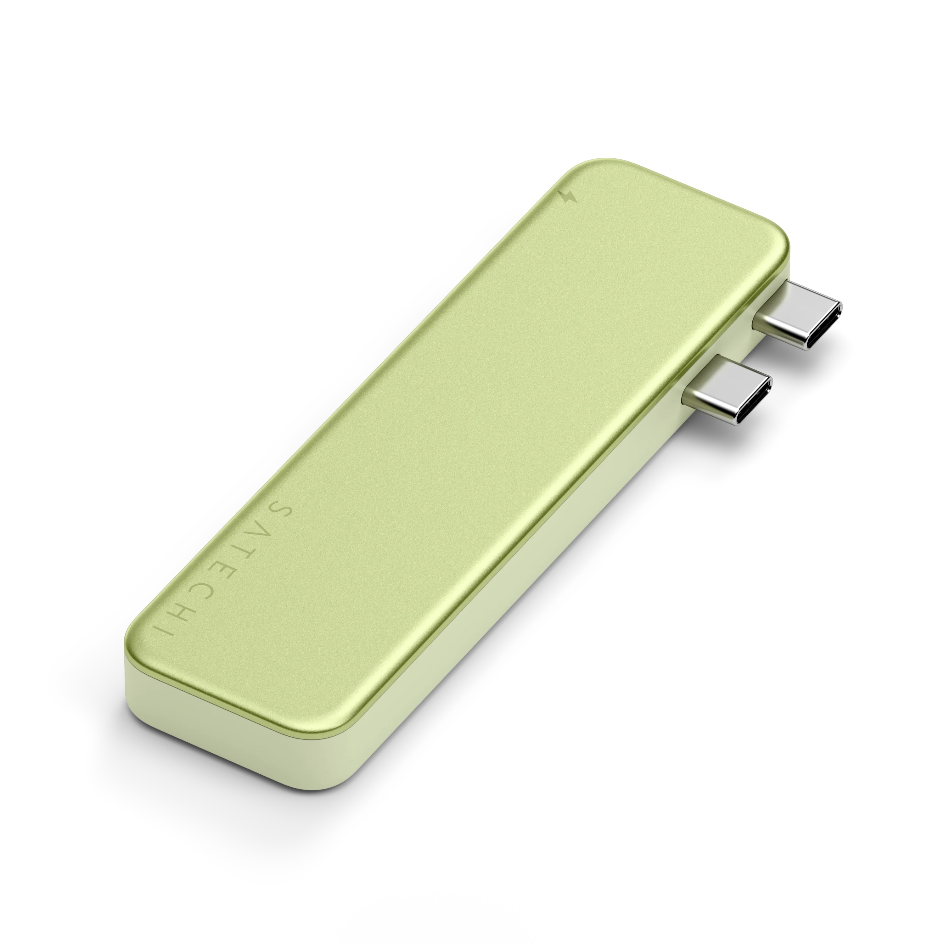 Jasnozielony, wydłużony hub USB-C Satechi z dwoma zintegrowanymi złączami na białym tle.