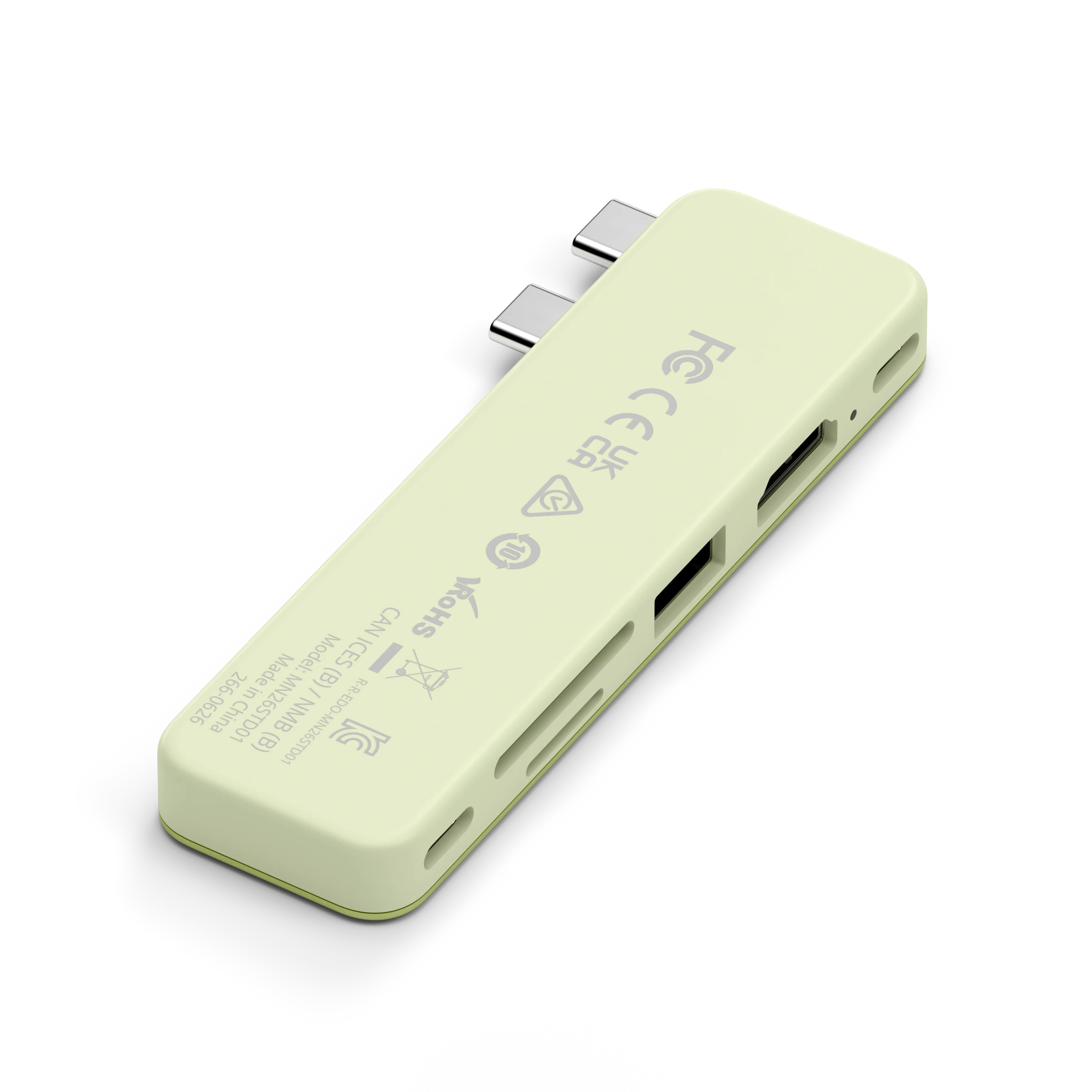 Jasnozielony hub USB-C z wieloma portami, logotypami certyfikacji i dwoma złączami na białym tle.