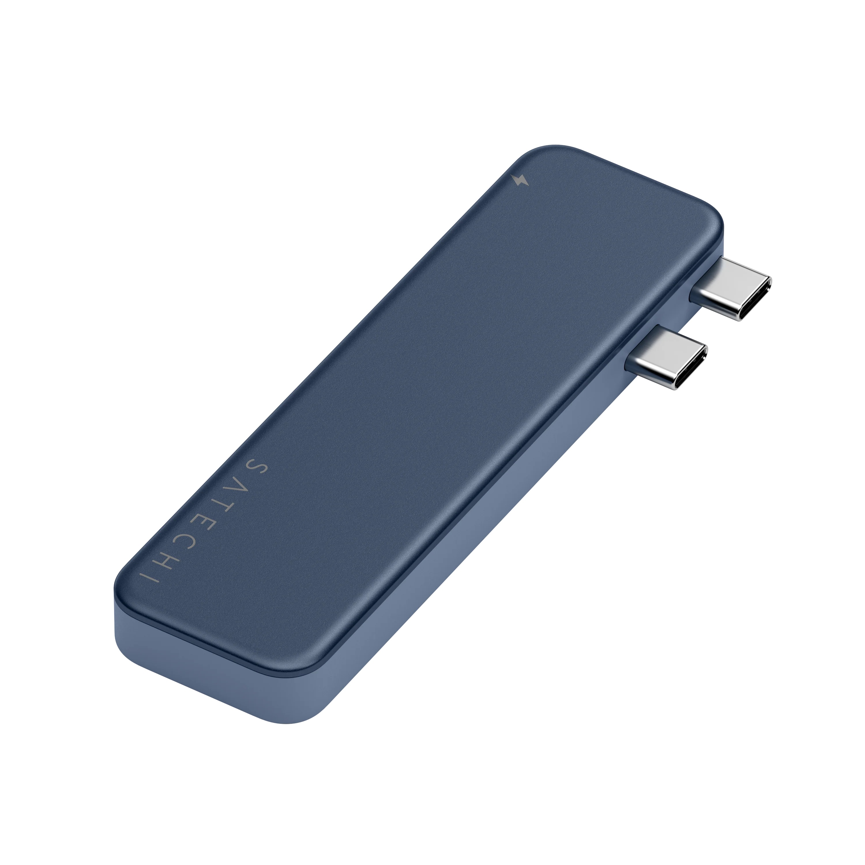 Niebieski hub USB-C Satechi z dwoma złączami na białym tle.