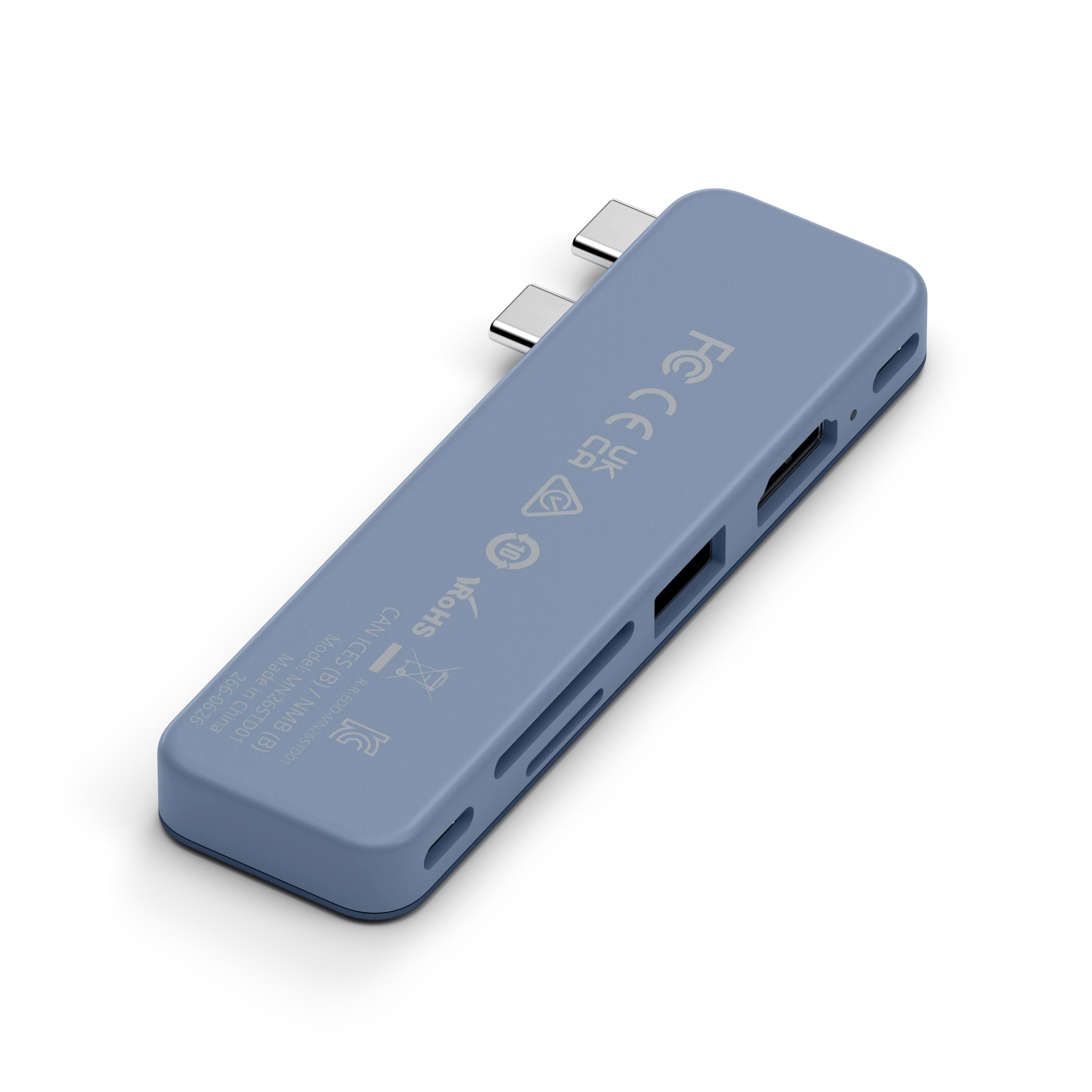 Niebieski hub USB-C z wieloma portami, logotypami certyfikatów i dwoma złączami na białym tle.