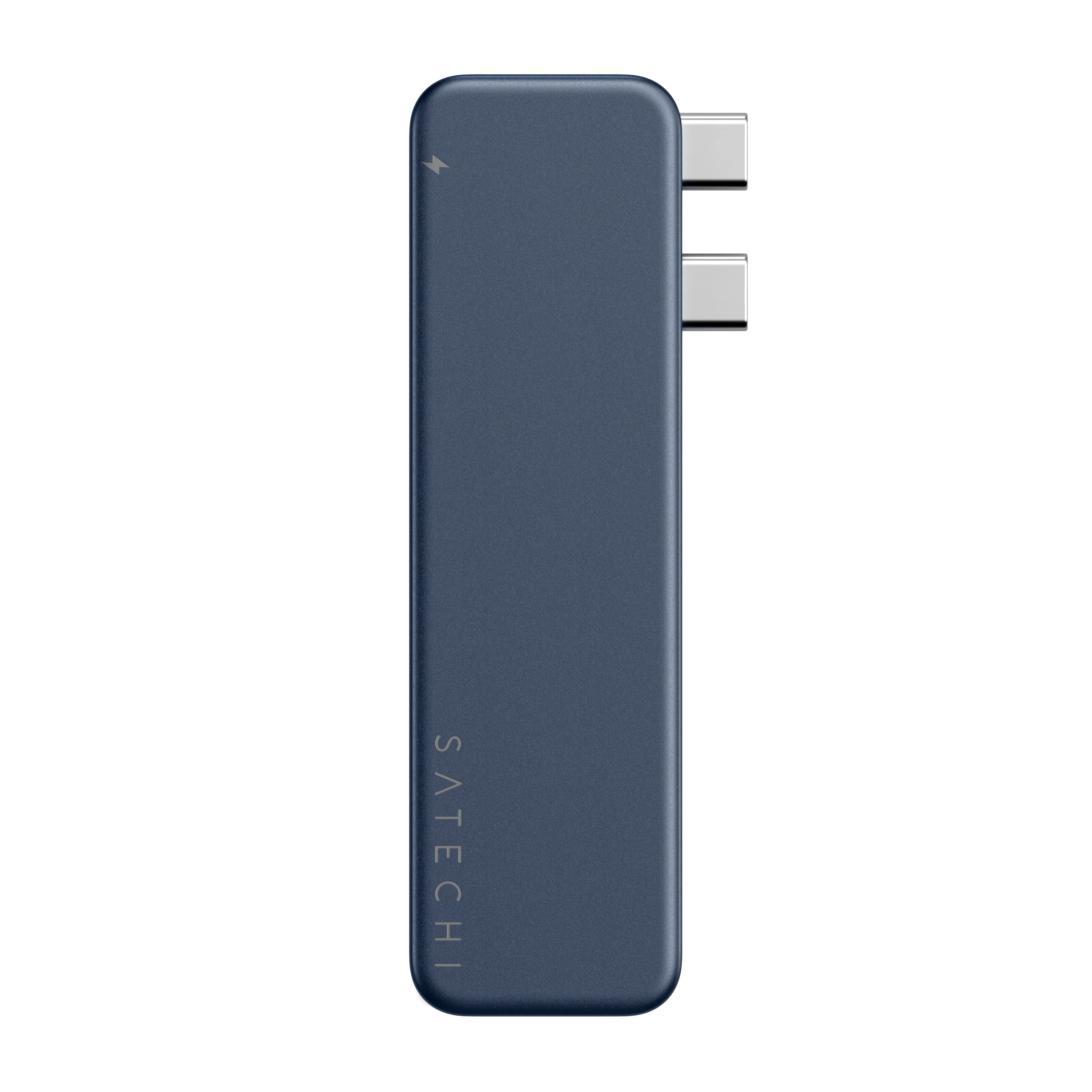 Niebieski hub USB-C Satechi z dwoma zintegrowanymi złączami na białym tle.