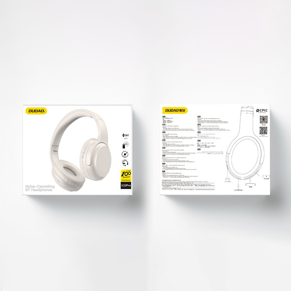 Fronte e retro di una confezione per cuffie Bluetooth Dudao X22Pro beige.