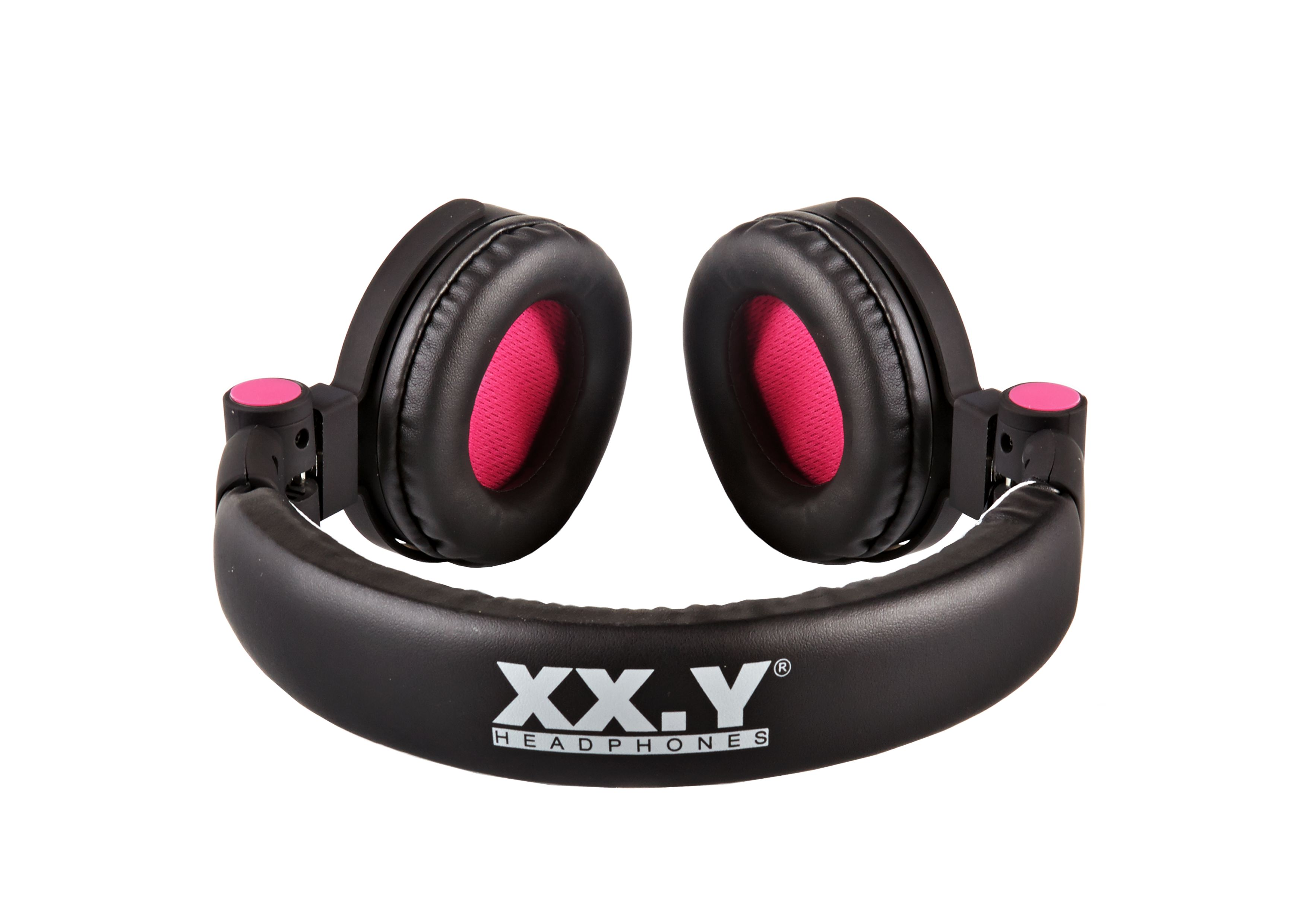 Czarne i różowe słuchawki nauszne z logo XX.Y HEADPHONES na pałąku na białym tle.