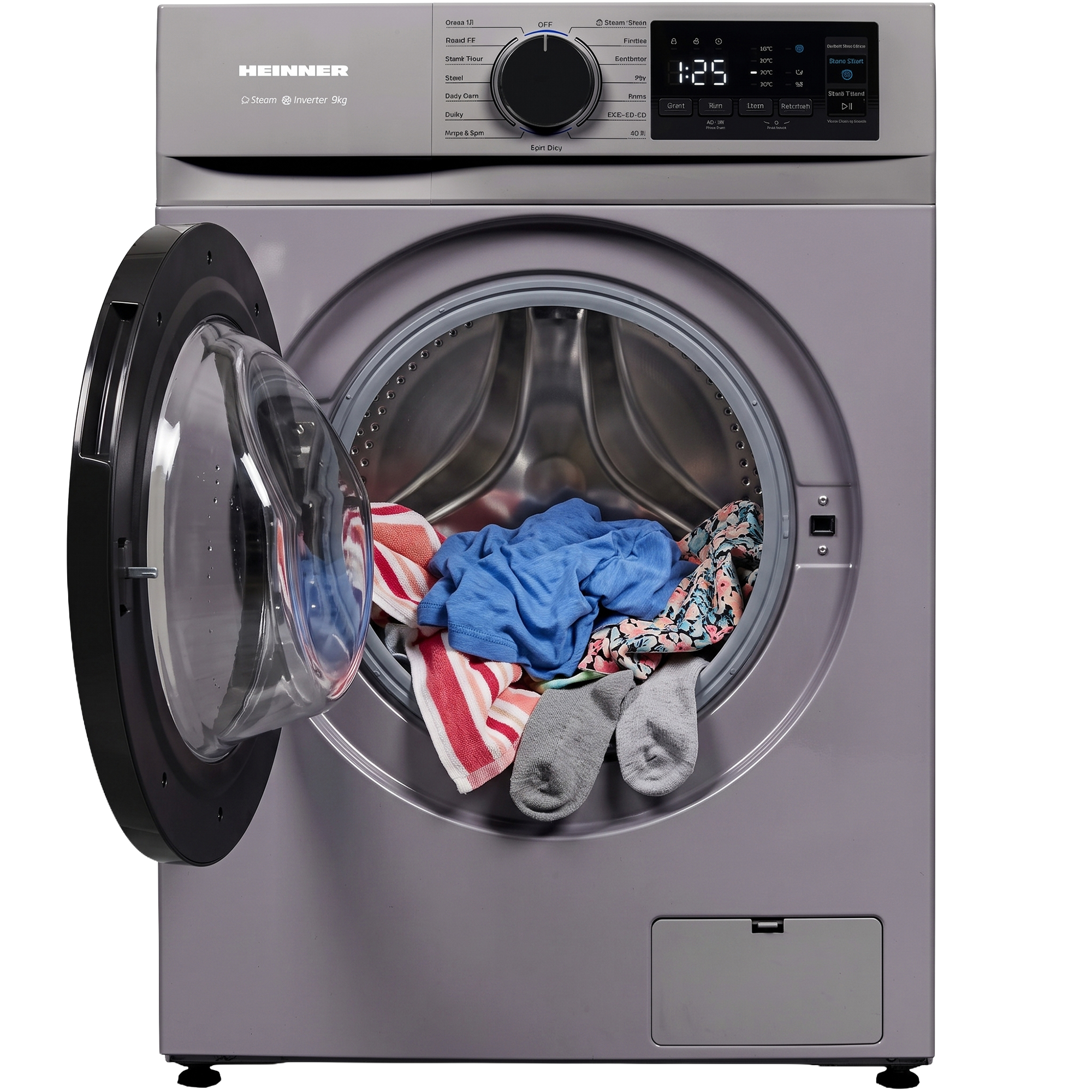Un lave-linge Heinner argenté avec la porte ouverte, chargé de vêtements colorés dans le tambour.