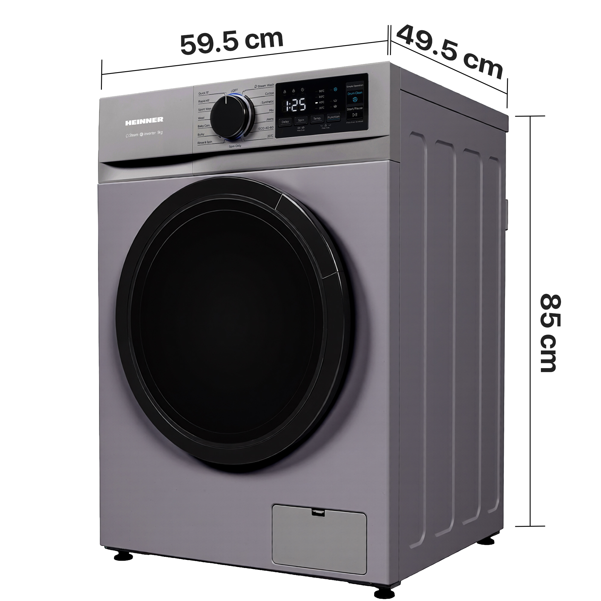 Lave-linge gris Heinner avec des dimensions de 59.5 cm de largeur, 49.5 cm de profondeur et 85 cm de hauteur.