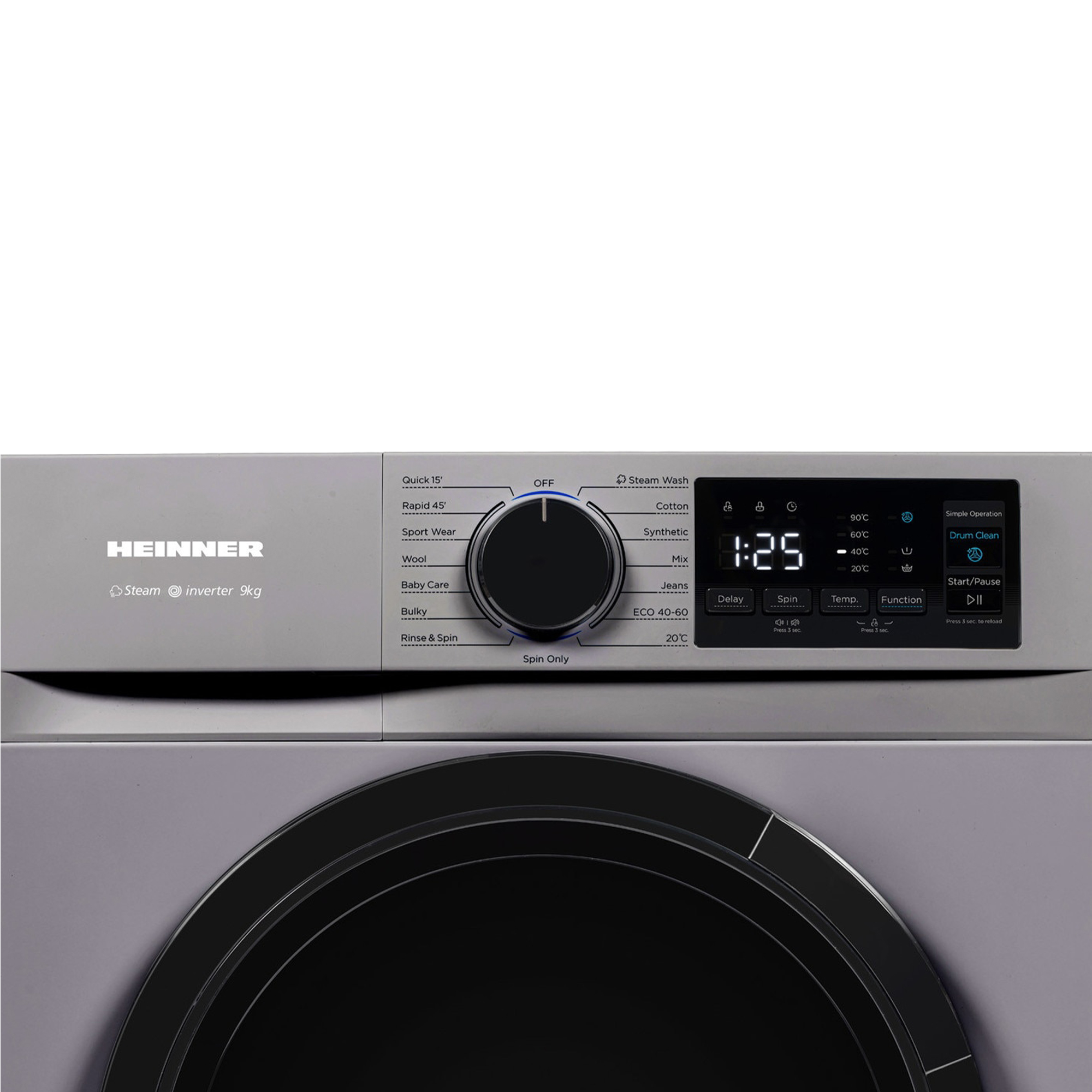 Panneau de commande d'un lave-linge gris Heinner avec sélecteur central et écran LED.