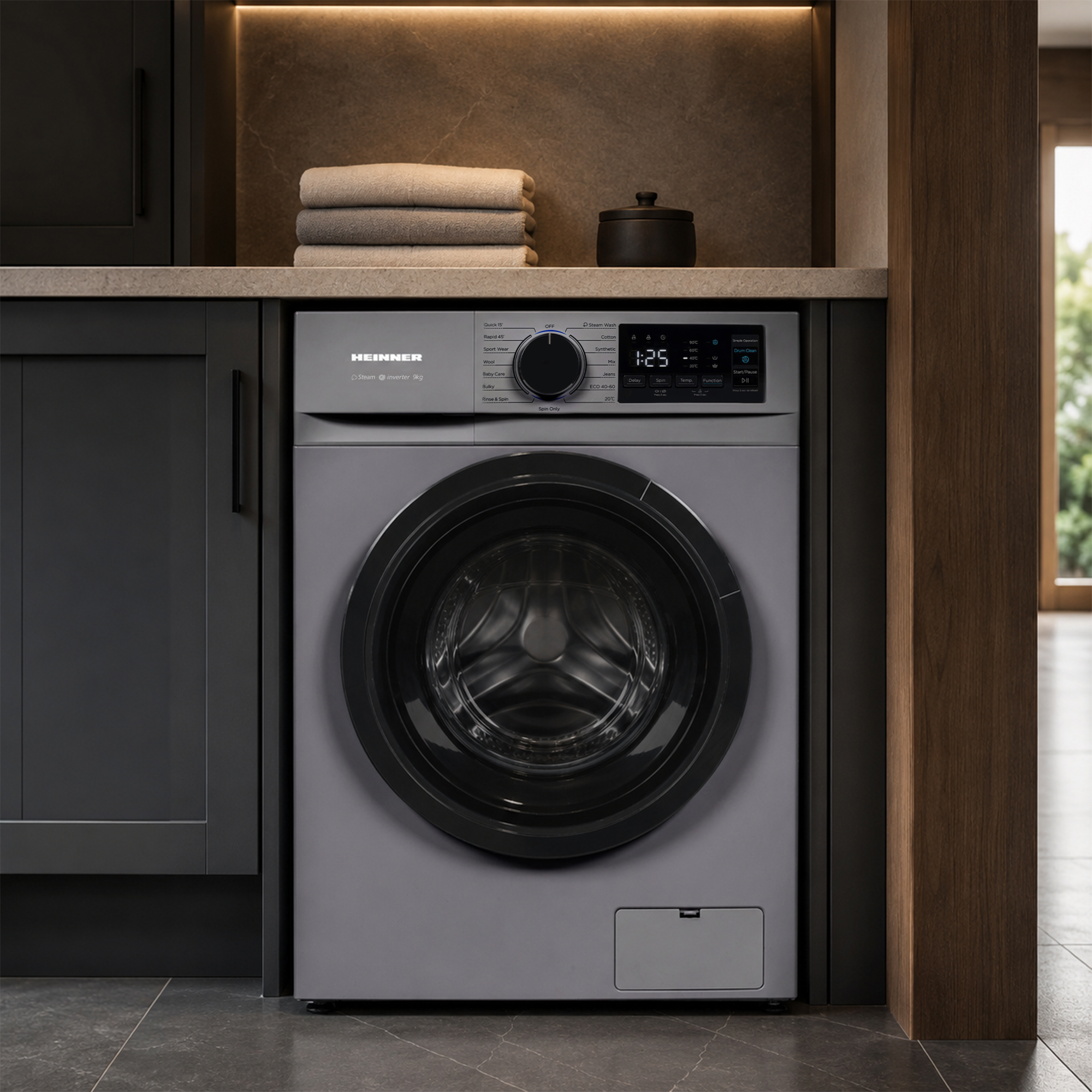 Un lave-linge moderne gris à hublot est placé sous un comptoir avec des serviettes pliées et un bocal sombre.