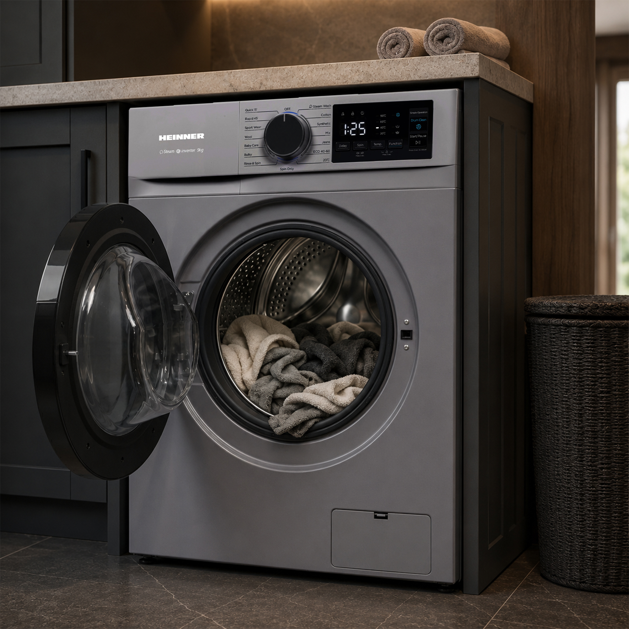 Lave-linge Heinner gris avec porte ouverte et linge dans le tambour, installé dans une cuisine moderne.