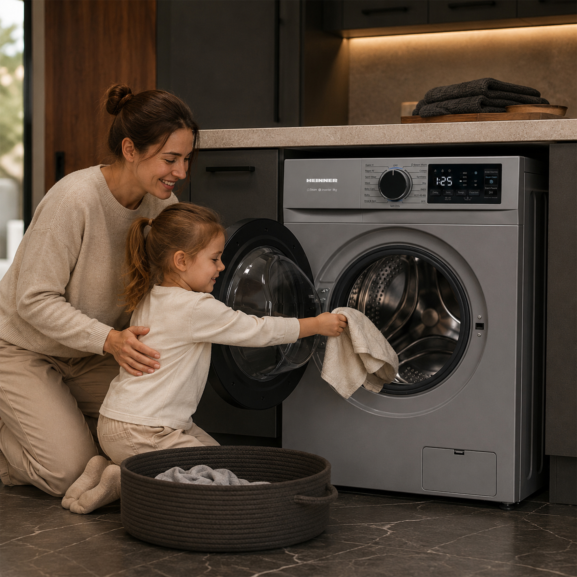 Une femme et une petite fille chargent du linge dans un lave-linge argenté moderne.