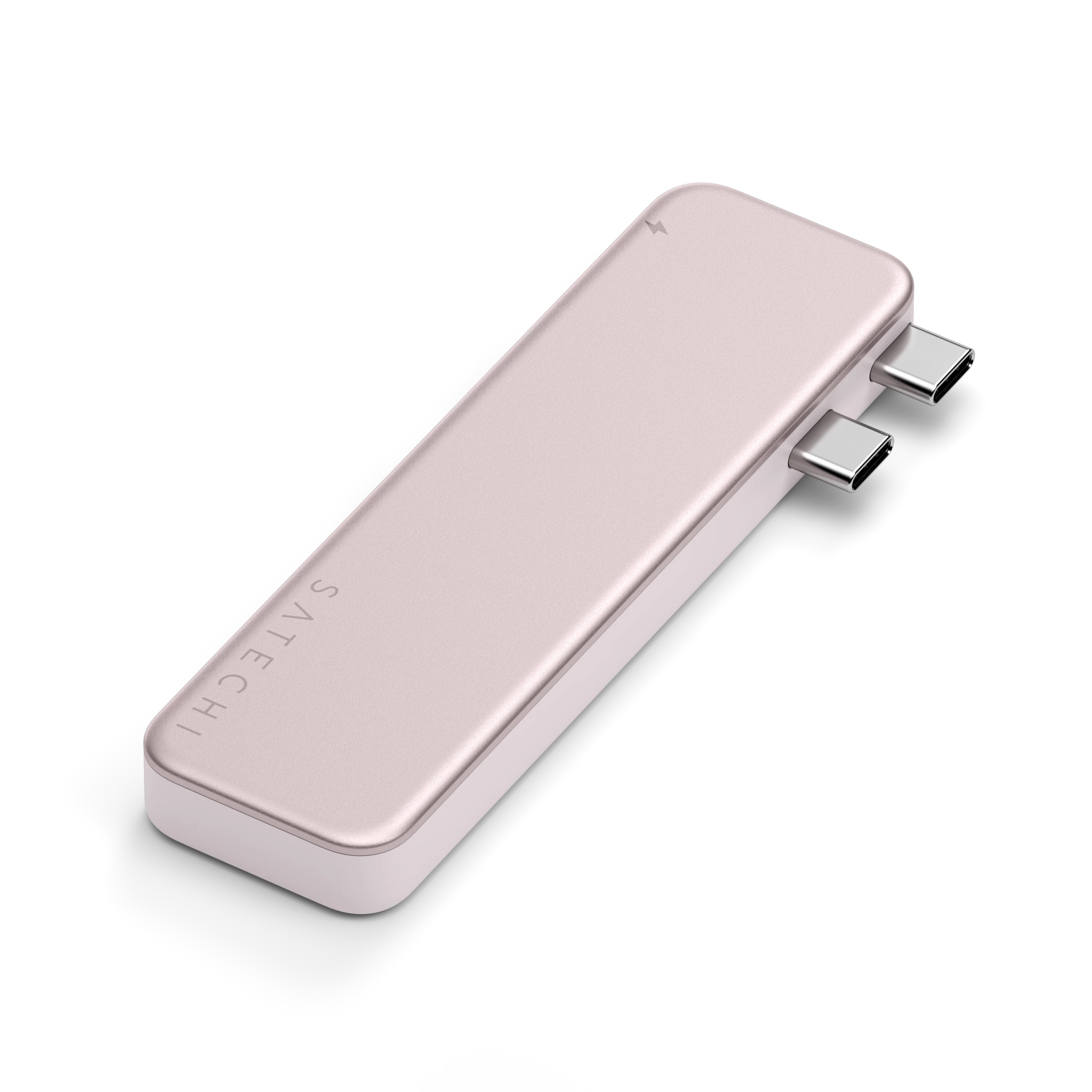 Różowozłoty hub USB-C Satechi z dwoma wbudowanymi złączami na białym tle.