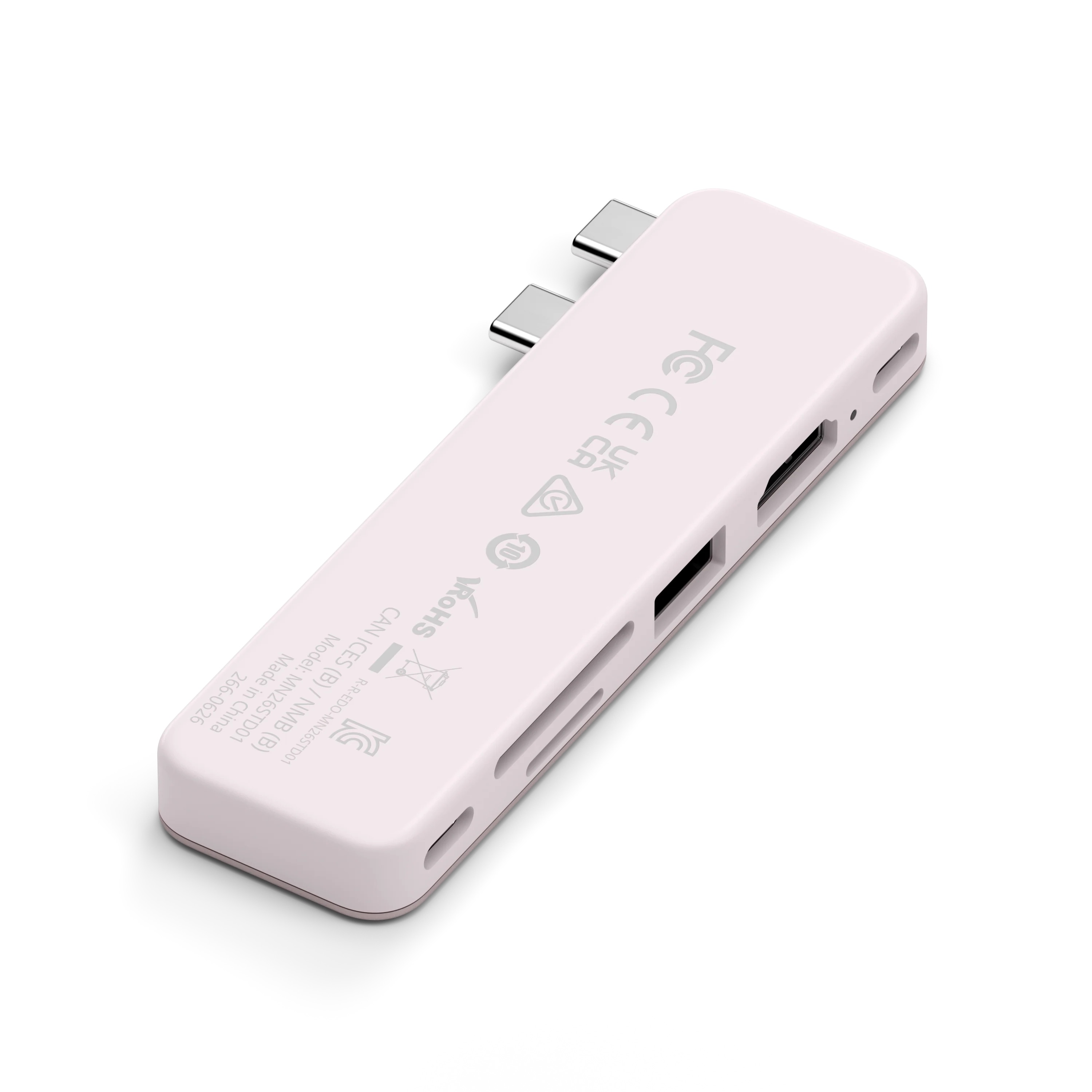 Różowy hub USB-C z wieloma portami, w tym portami USB i czytnikami kart, leży na białym tle.