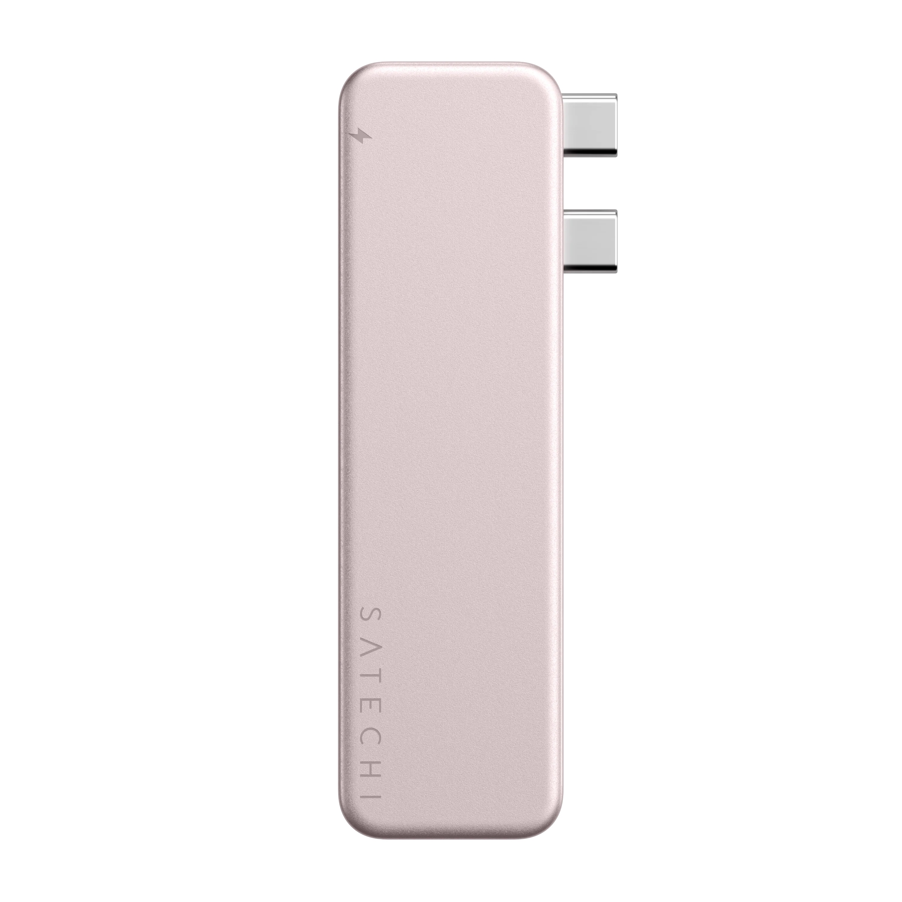 Różowozłoty adapter USB-C Satechi z dwoma złączami i ikoną błyskawicy na białym tle.