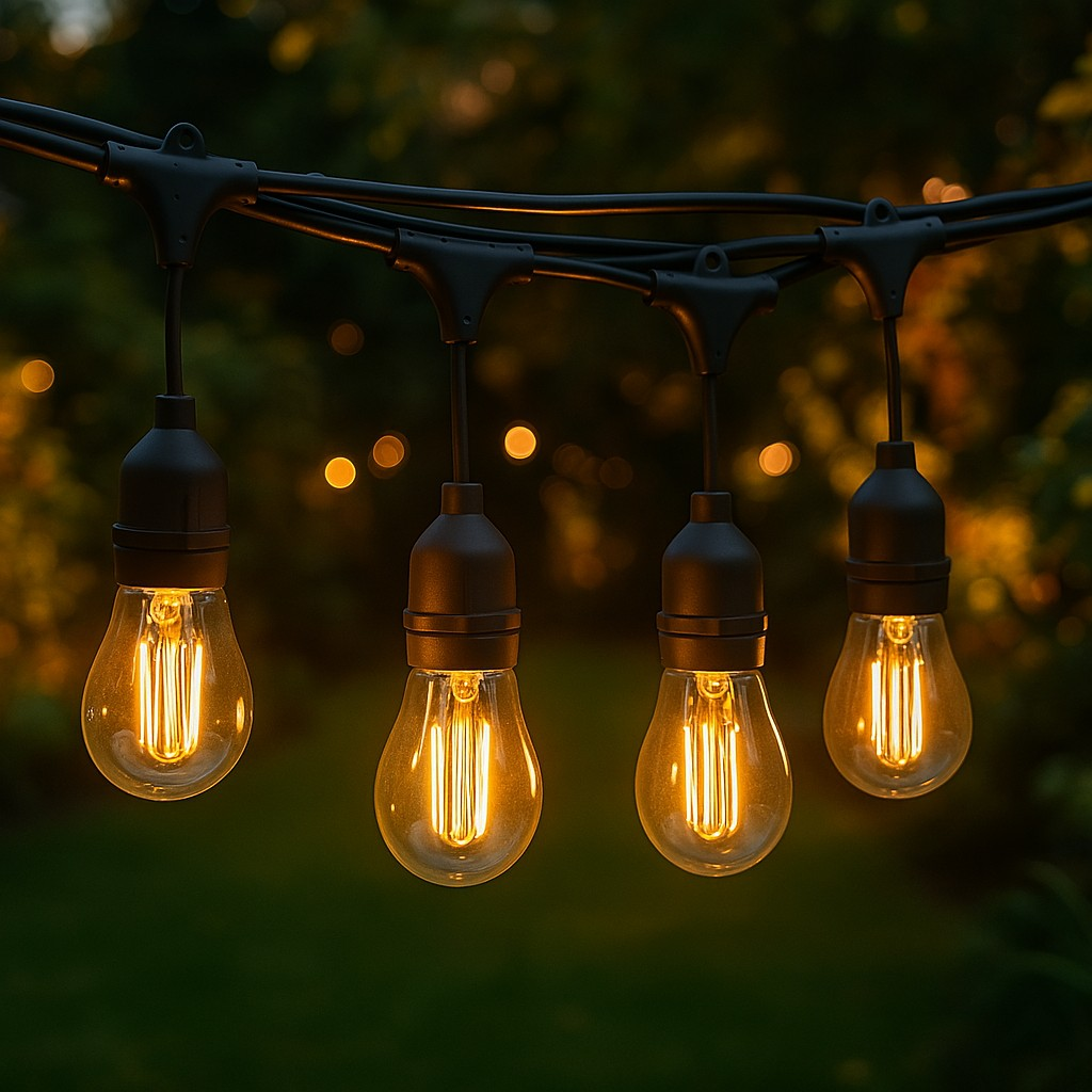 Cztery podświetlane żarówki Edison wiszą w rzędzie na tle ciemnego, rozmytego zielonego i złotego bokeh.
