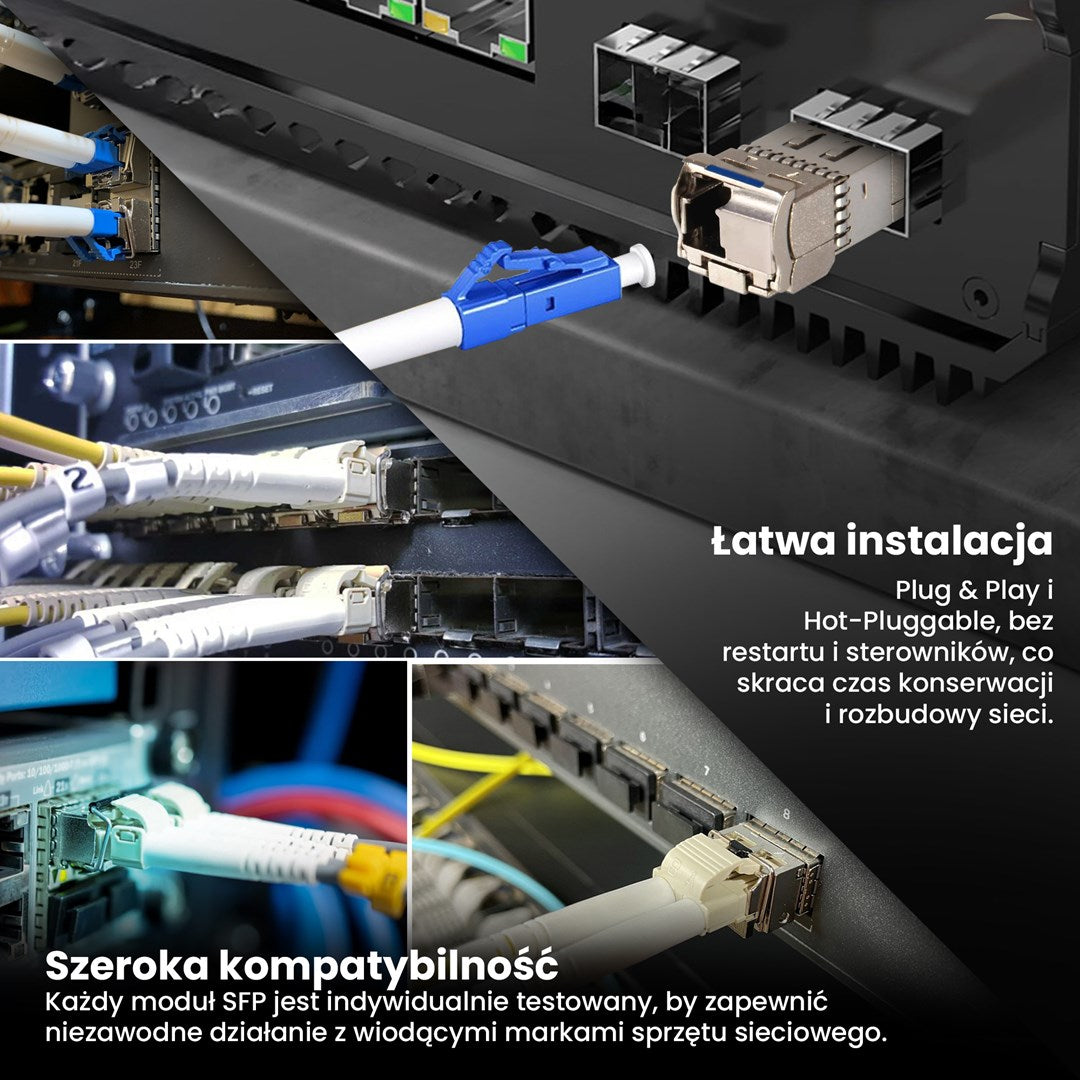 Switch sieciowy z modułami SFP i kablami światłowodowymi do łatwej instalacji.