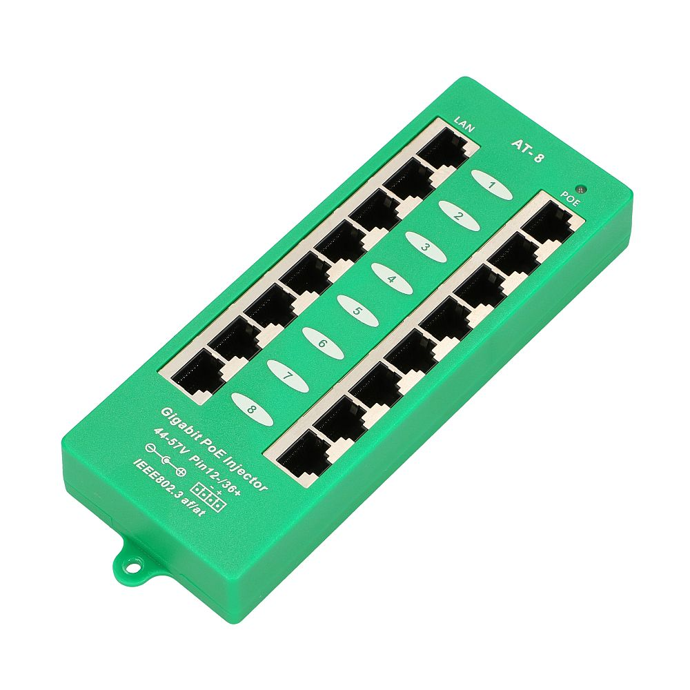Zielony injector PoE Gigabit z ośmioma ponumerowanymi portami LAN i PoE na białym tle.