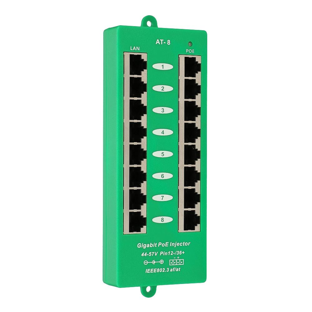 Zielony 8-portowy injector PoE Gigabit z portami LAN i POE na białym tle.