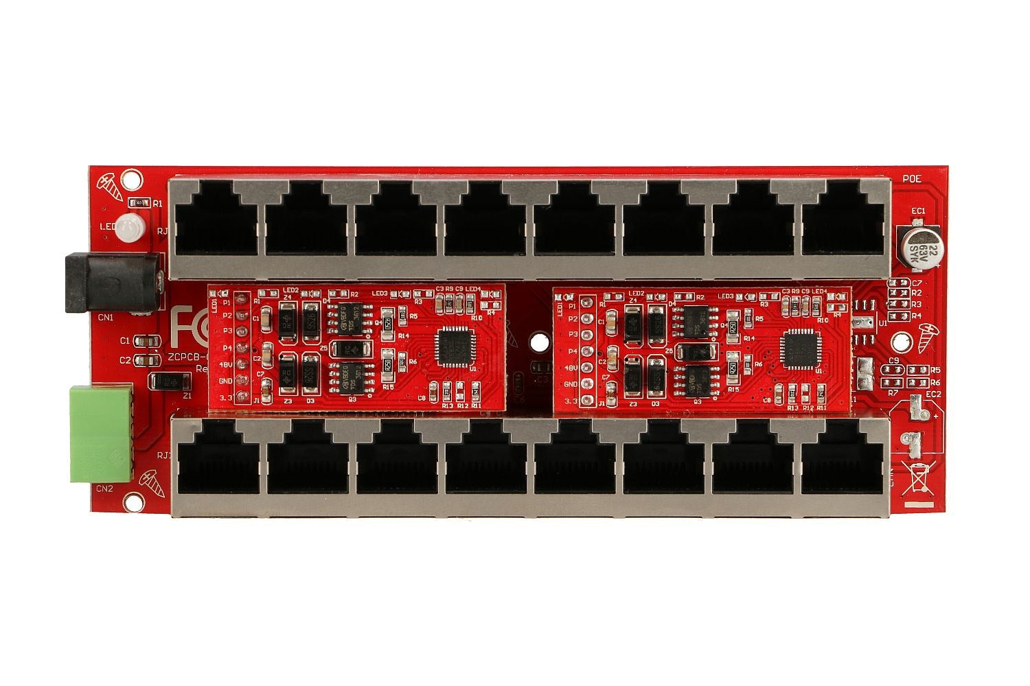 Czerwona płytka drukowana z dziesięcioma portami RJ45, dwoma modułami i elementami elektronicznymi.