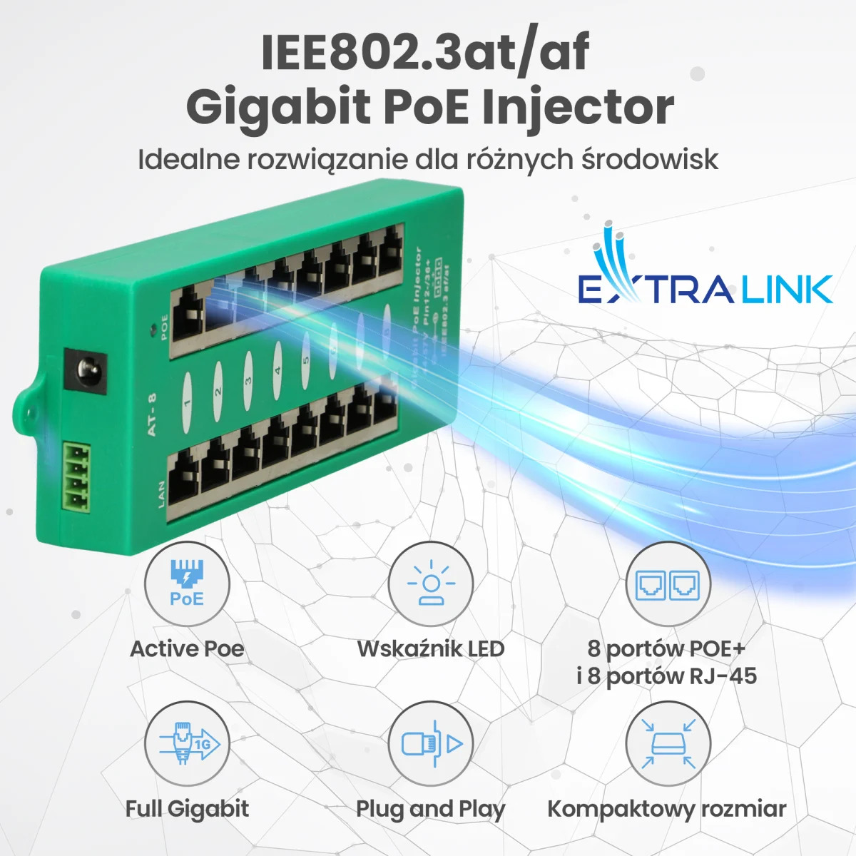 Zielony 8-portowy injector PoE Gigabit z portami zasilania i LAN, tekstem i ikonami.