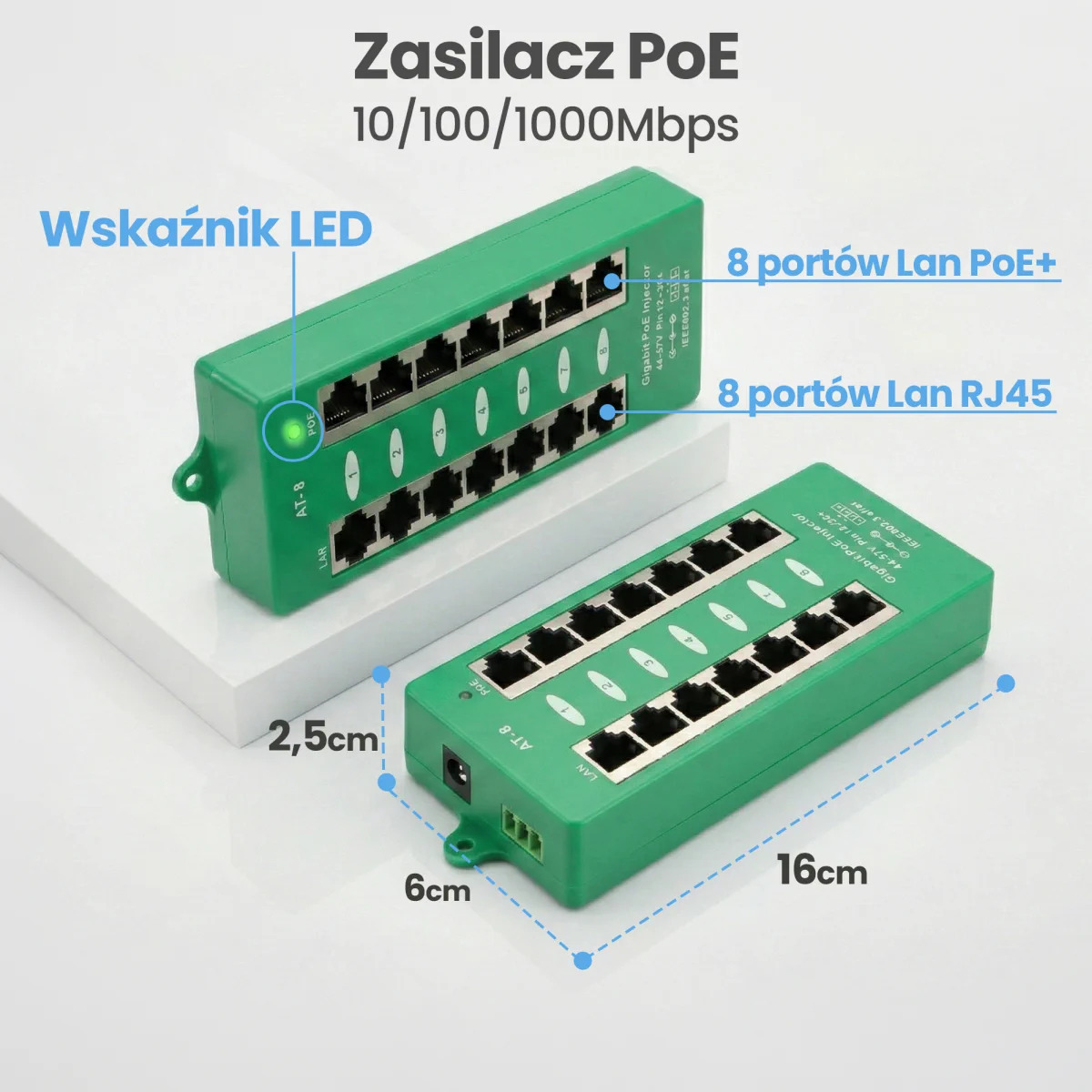 Dwa zielone urządzenia PoE injector z wymiarami i etykietami.