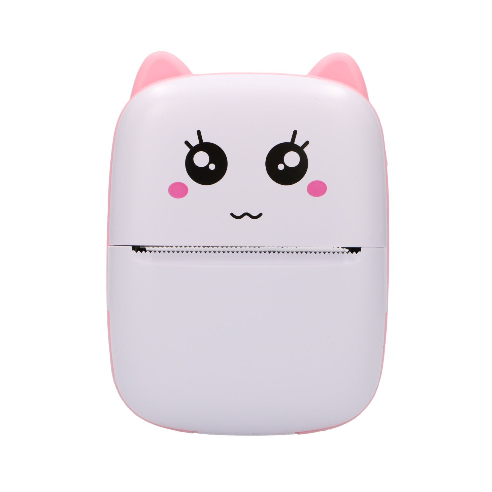 Una mini stampante termica portatile bianca e rosa a tema gatto con occhi da cartone animato e striscia di strappo.