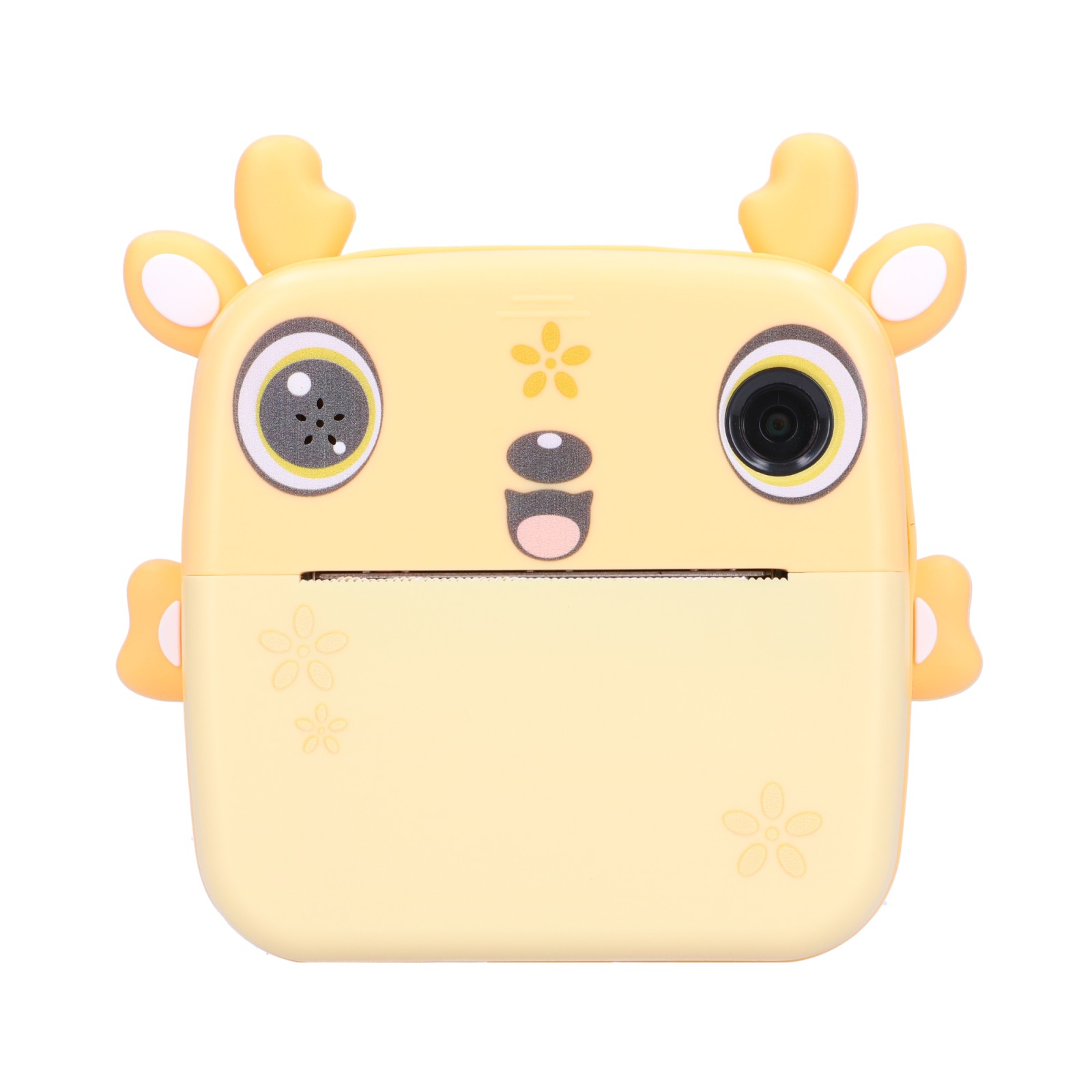 Una mini stampante gialla a forma di cervo con occhi da cartone animato e motivi floreali su sfondo bianco.