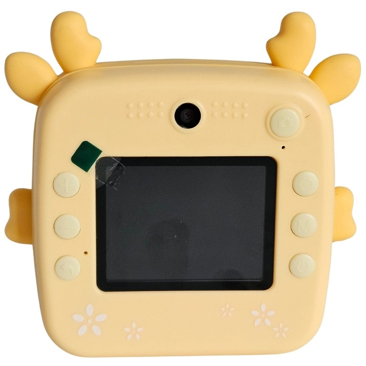 Fotocamera gialla per bambini con orecchie di cervo, schermo, tasti e fiori.