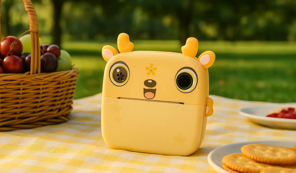 Stampante termica gialla a forma di animale su una tovaglia da picnic a quadri, con frutta e biscotti.
