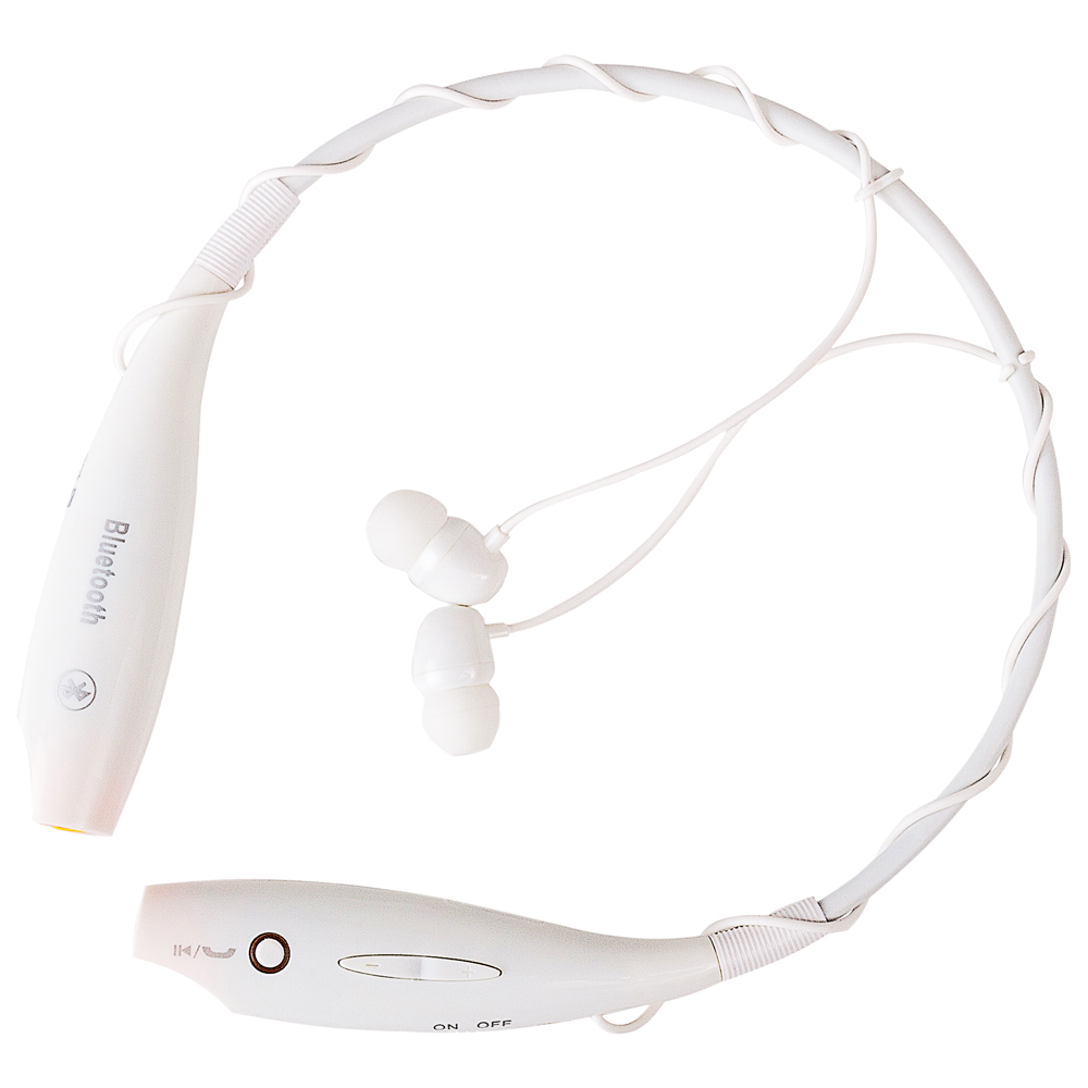 Białe słuchawki dokanałowe Bluetooth z pałąkiem na szyję.
