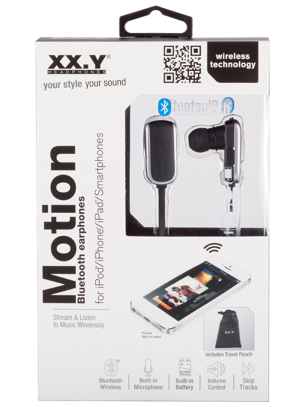 Opakowanie słuchawek Bluetooth XX.Y Motion do iPhone'ów i smartfonów, prezentujące słuchawki i etui.