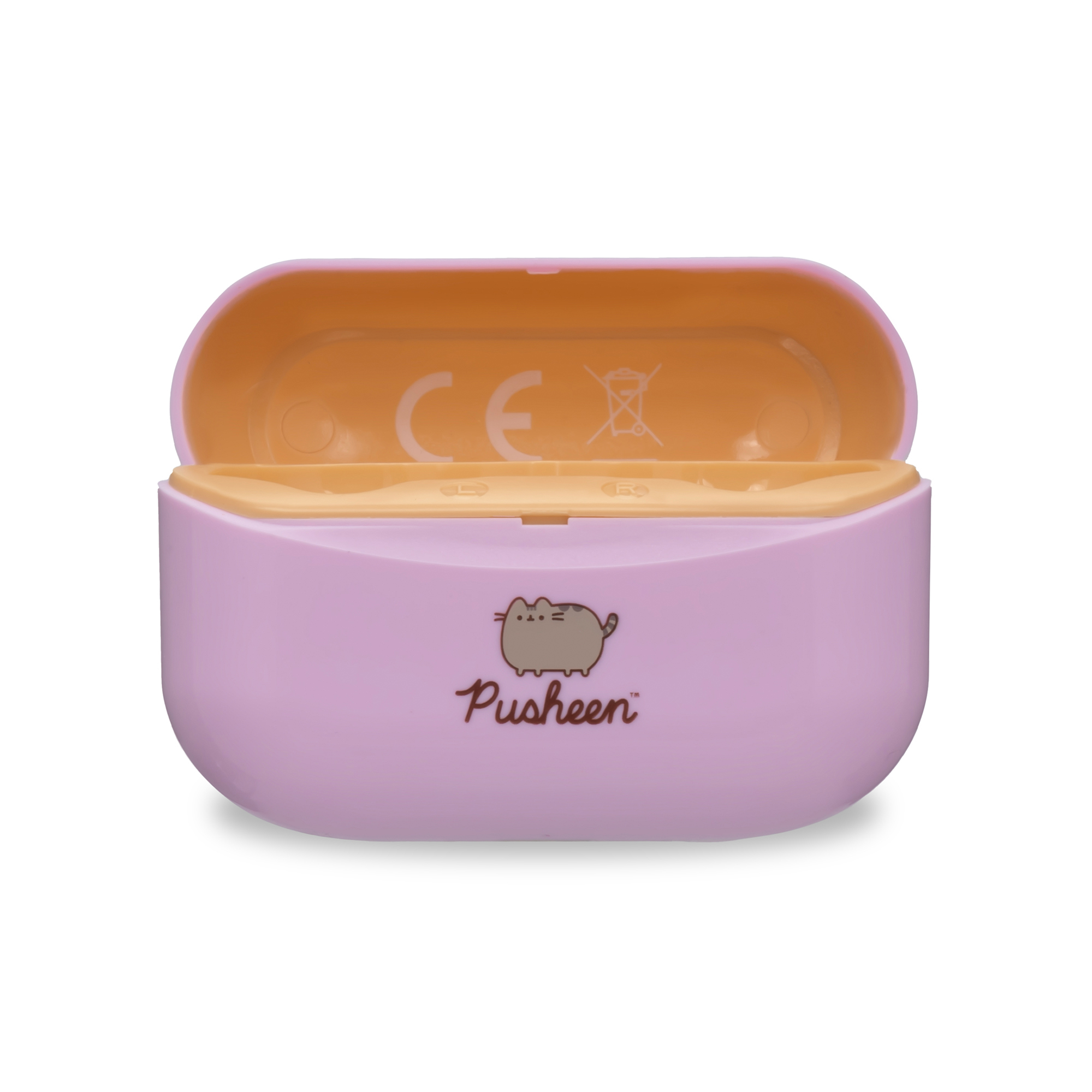 Otwarte, pastelowo-różowo-pomarańczowe etui ładujące do słuchawek z rysunkiem kota Pusheen.