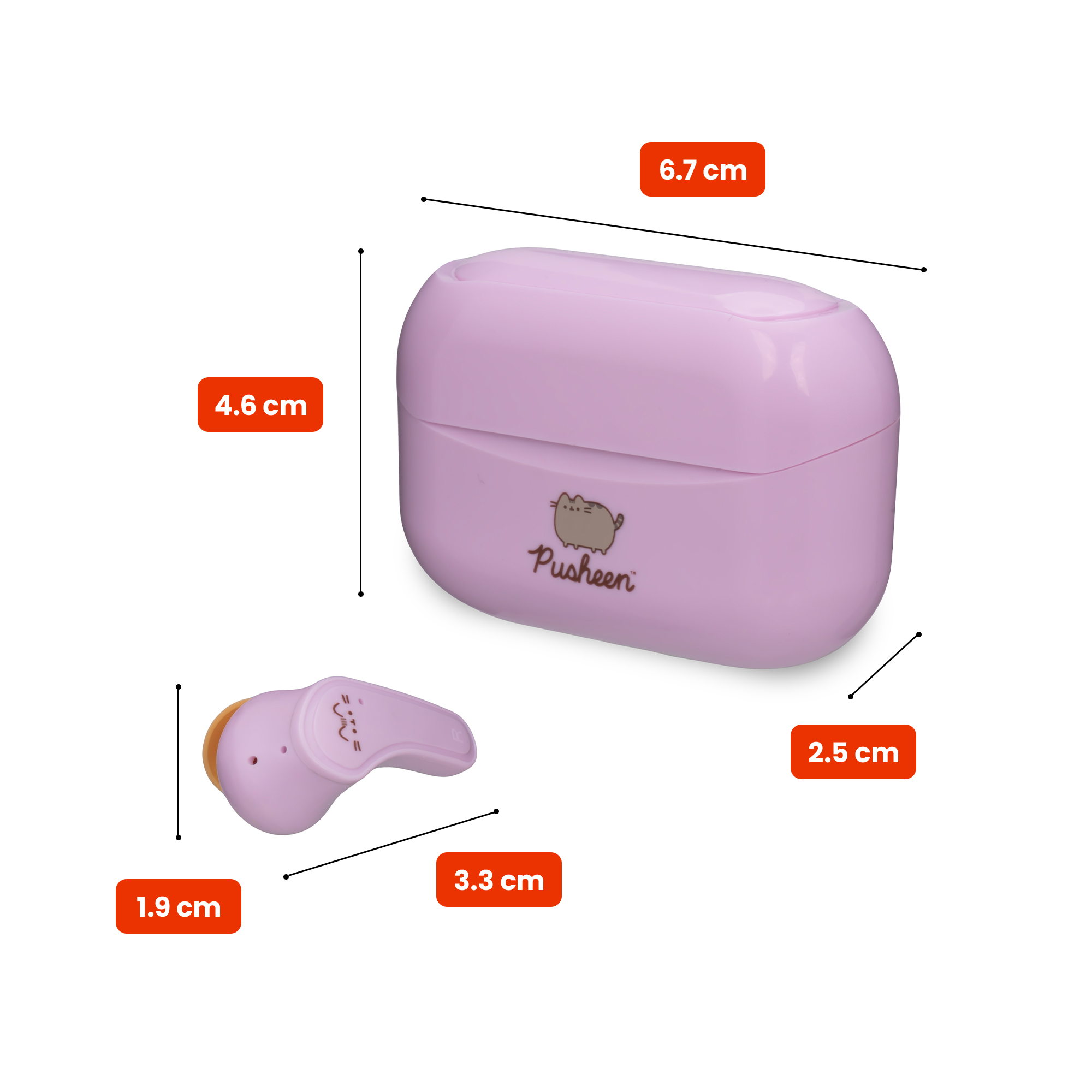 Różowe słuchawki douszne Pusheen z etui ładującym i wymiarami w centymetrach na białym tle.