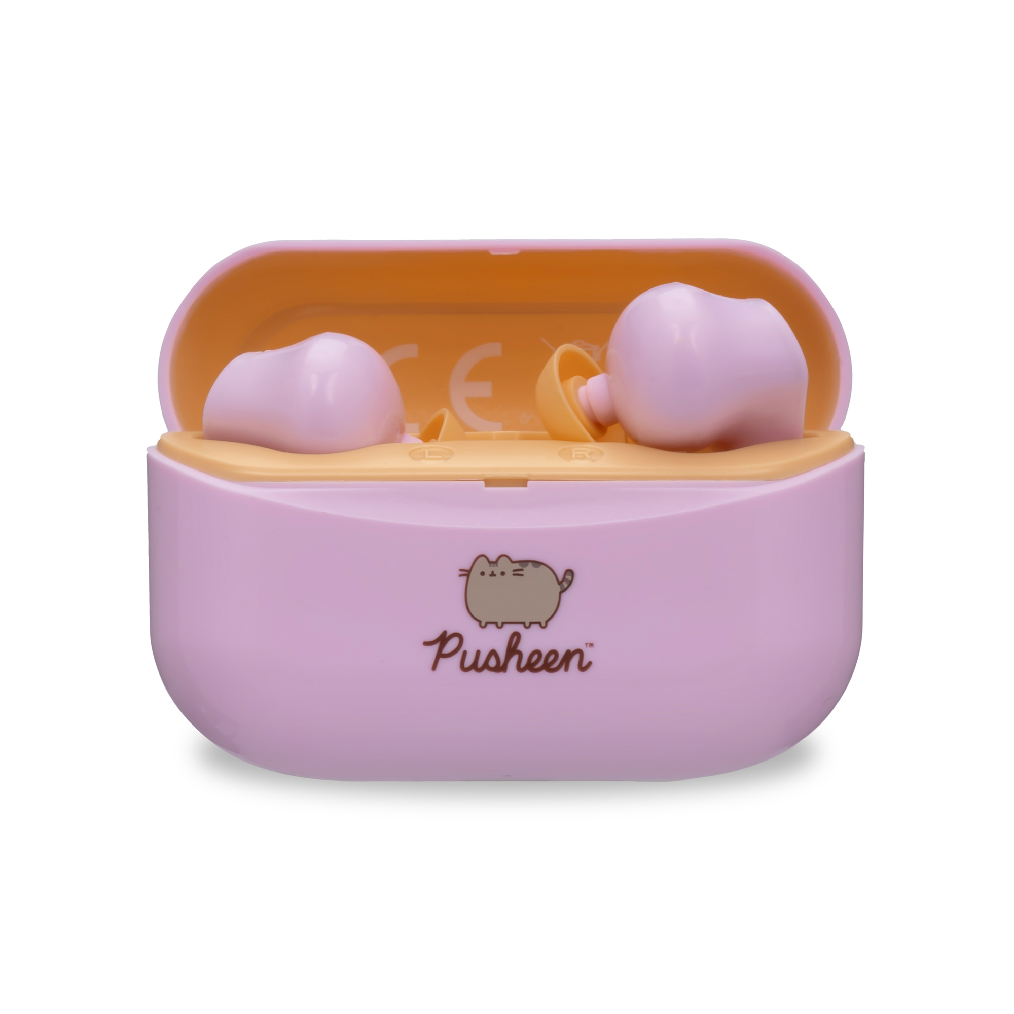 Różowe etui ładujące z logo Pusheen i dwoma różowymi słuchawkami bezprzewodowymi.