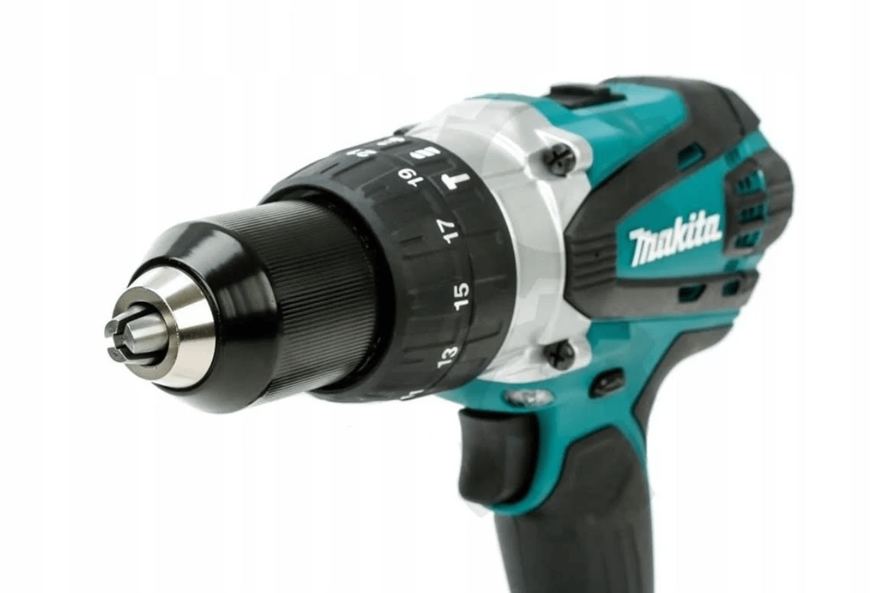 Un trapano avvitatore a batteria Makita turchese e nero su sfondo bianco.