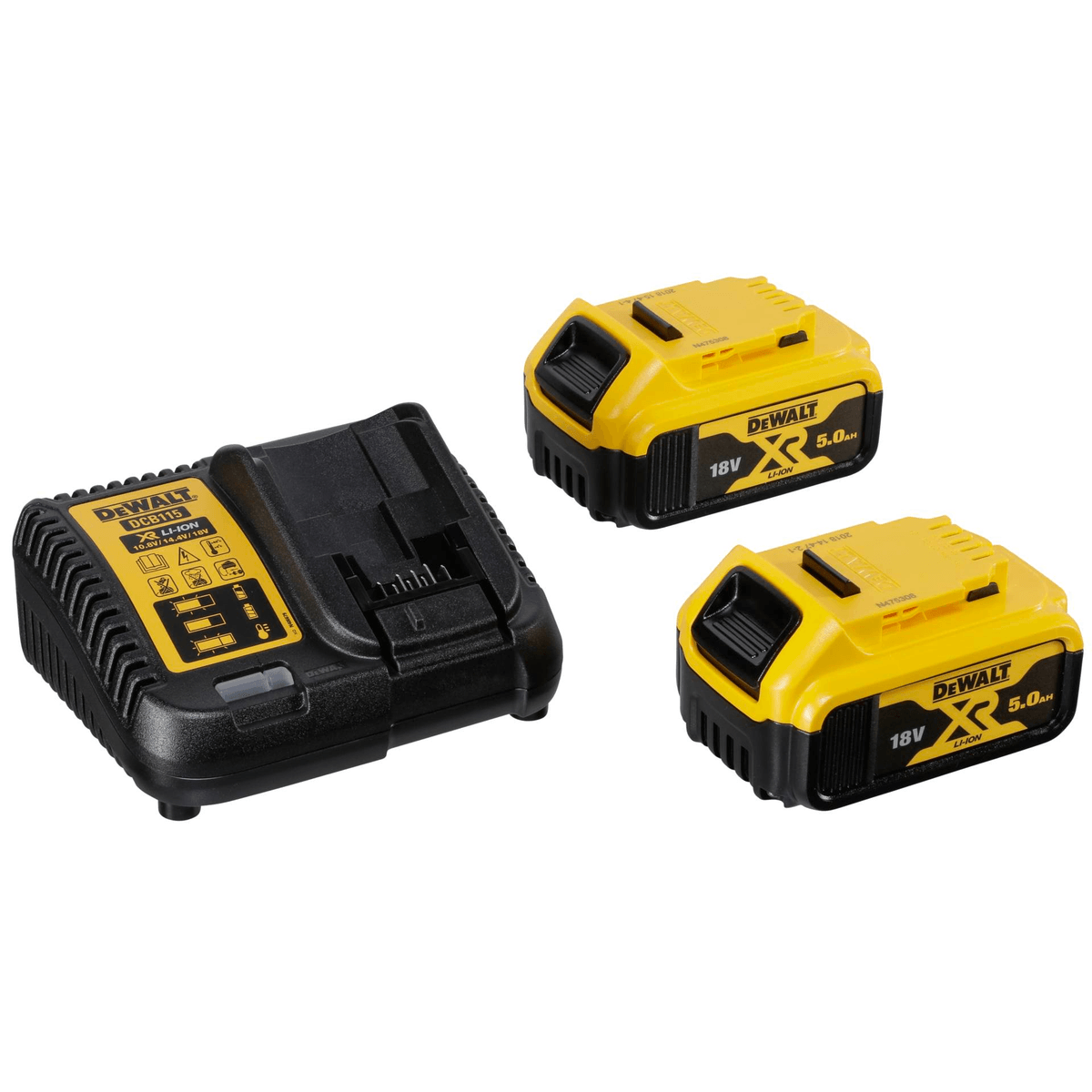 Un chargeur DeWalt noir et deux batteries 18V jaune et noire sur fond blanc.