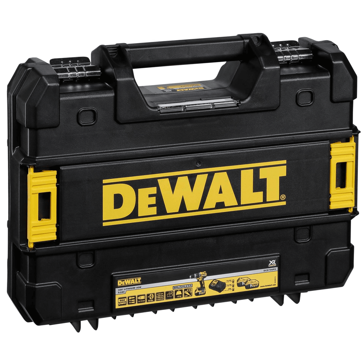 Une mallette à outils noire DeWalt avec des loquets jaunes, une poignée et le logo DeWalt en évidence.