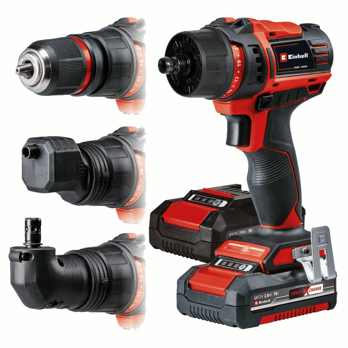 Taladro inalámbrico rojo y negro con accesorios intercambiables.