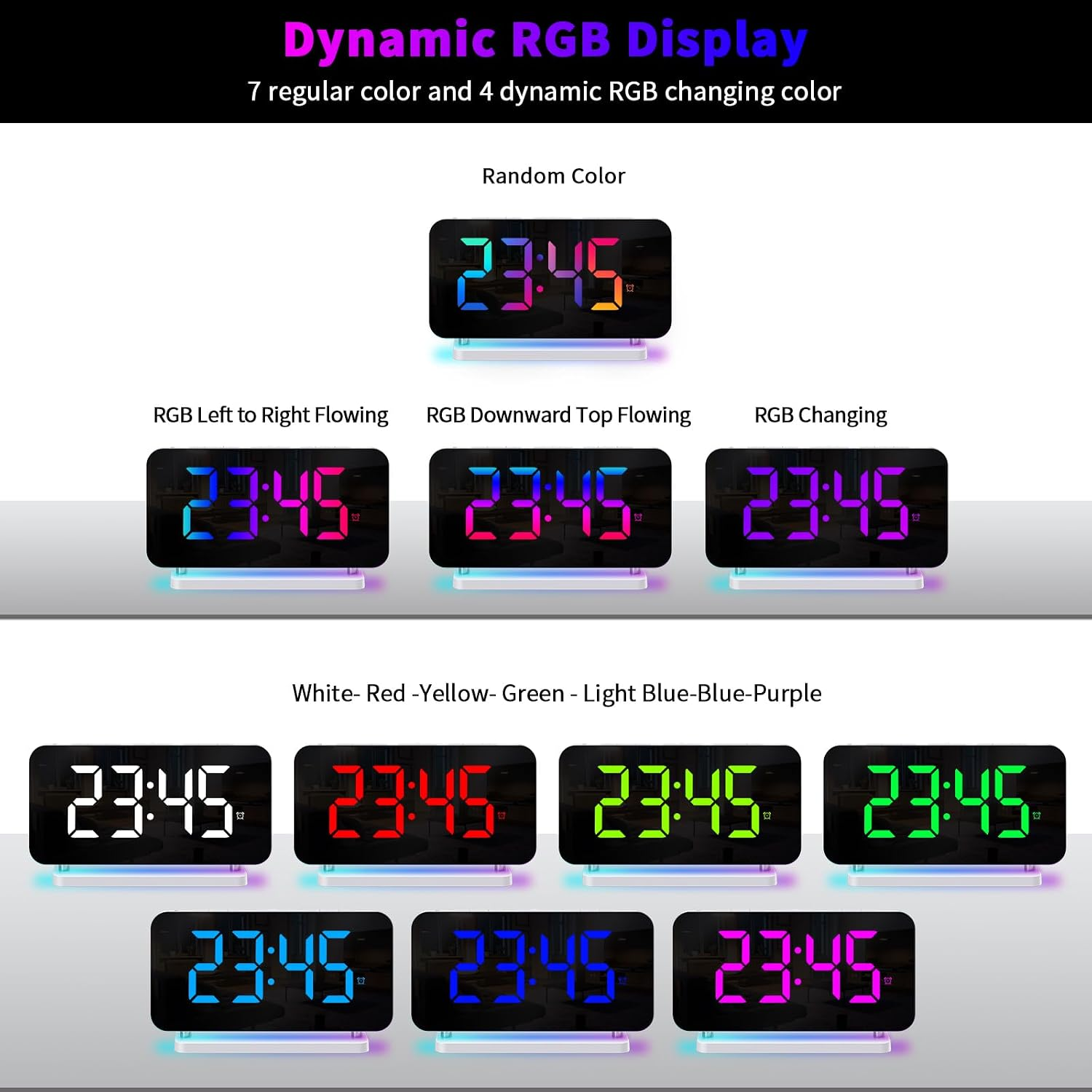 Eine digitale LED-Uhr mit verschiedenen dynamischen RGB-Farbmodi und einfarbigen Anzeigen.