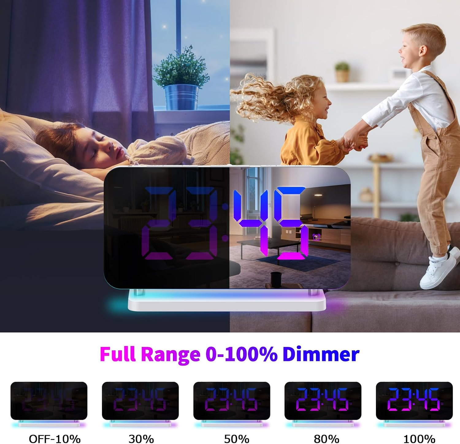 Digitale Weckuhr mit Farbdisplay, nachts für Schlafenden und tagsüber für spielende Kinder genutzt.