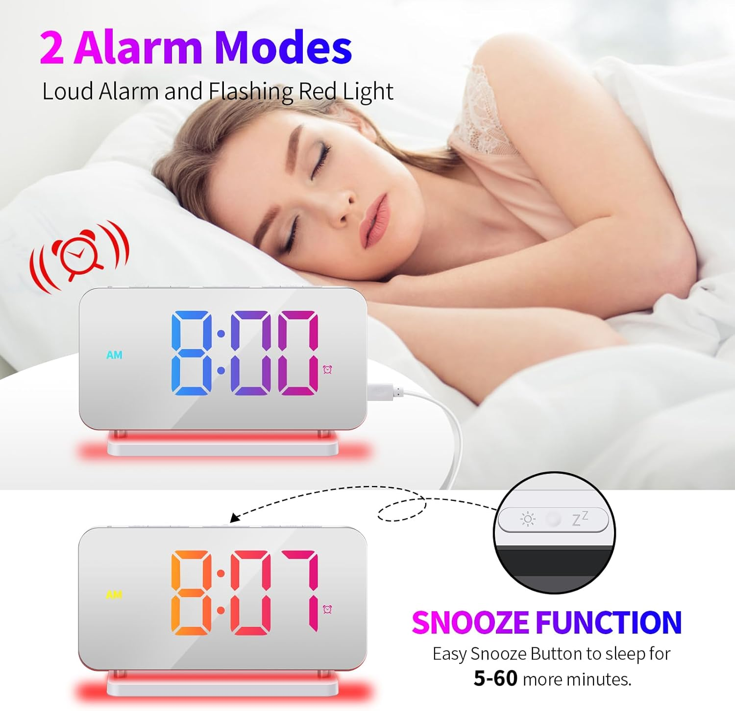 Ein digitaler Wecker mit farbigem LED-Display auf dem Nachttisch, während eine Frau im Bett schläft.