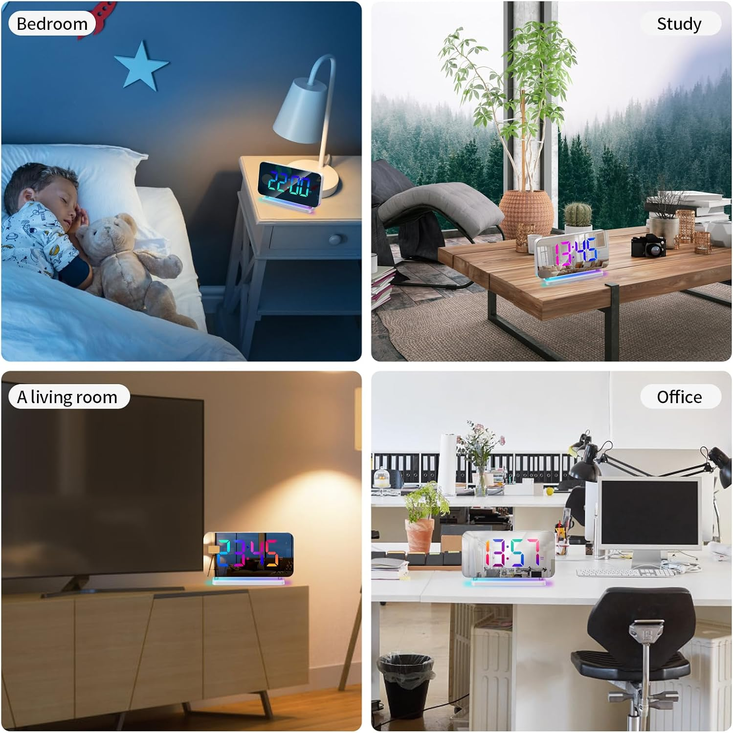 Vier Bilder zeigen eine digitale Uhr mit buntem Display in Schlafzimmer, Arbeitszimmer, Wohnzimmer und Büro.