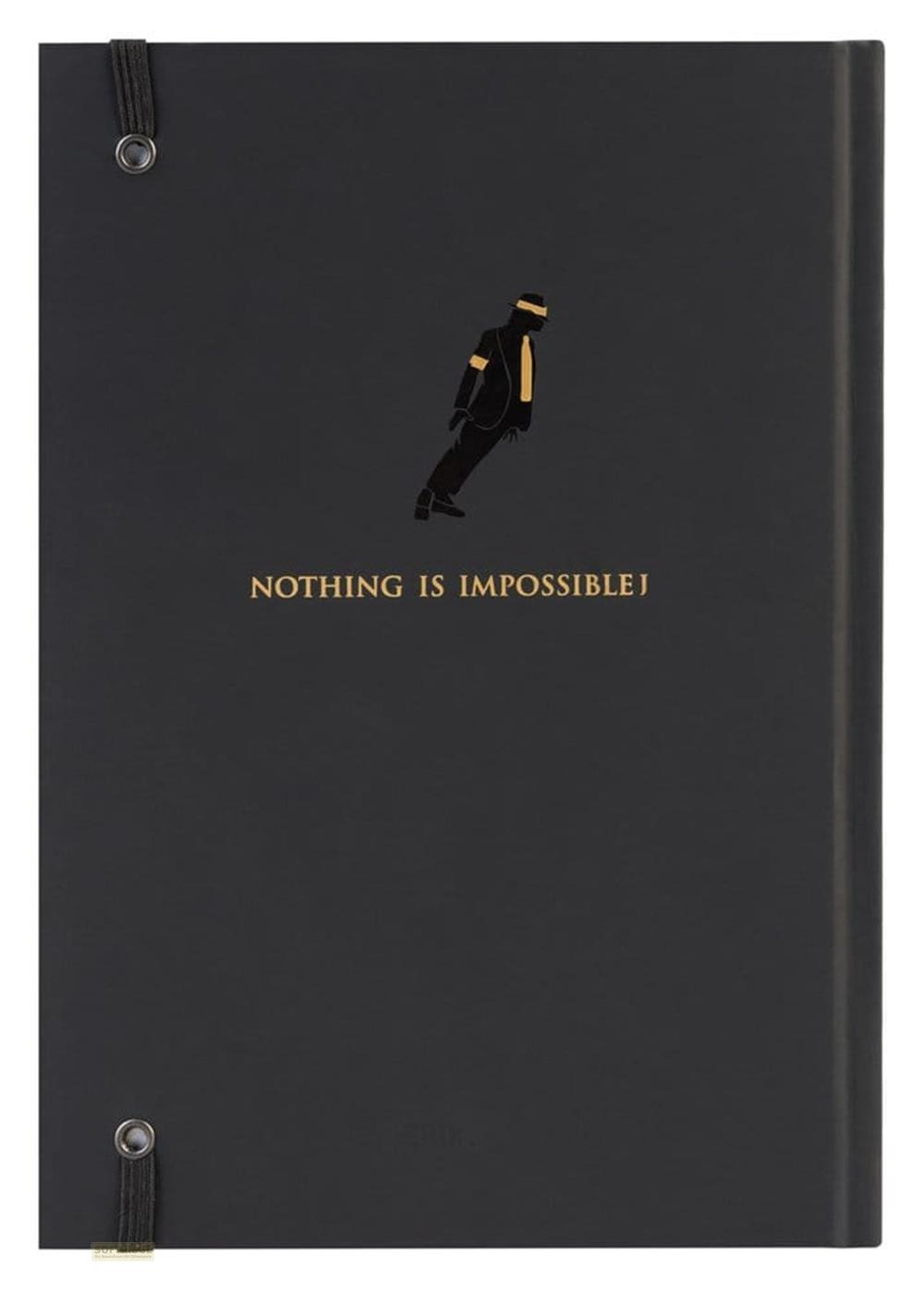 Schwarzes Notizbuch mit Michael-Jackson-Grafik und der Aufschrift Nichts ist unmöglich.