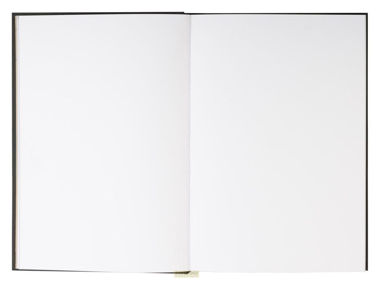 Ein offenes Notizbuch mit zwei leeren weißen Seiten auf dunklem Hintergrund.