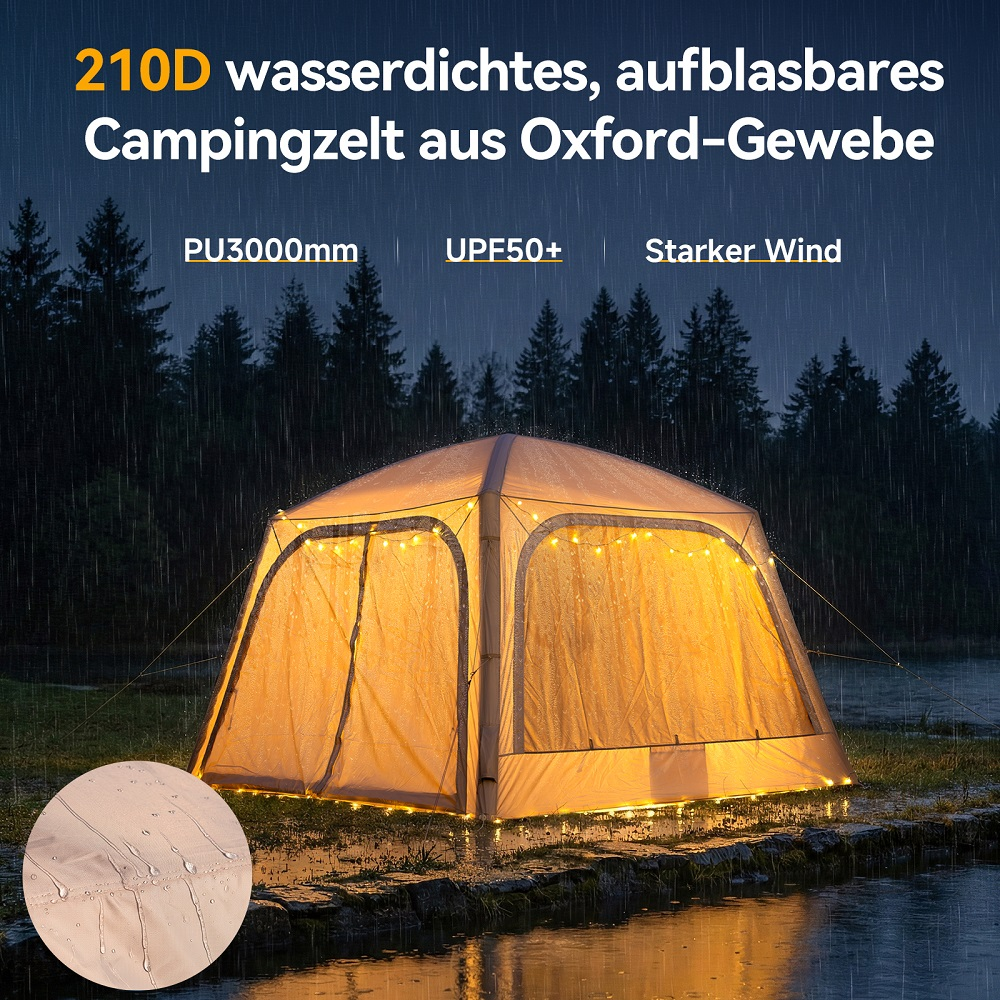 Ein beleuchtetes Zelt steht im Regen an einem Fluss mit Wald im Hintergrund. Text auf dem Bild.
