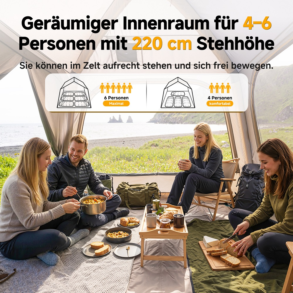 Vier Personen sitzen entspannt in einem geräumigen Zelt am See und essen gemeinsam.
