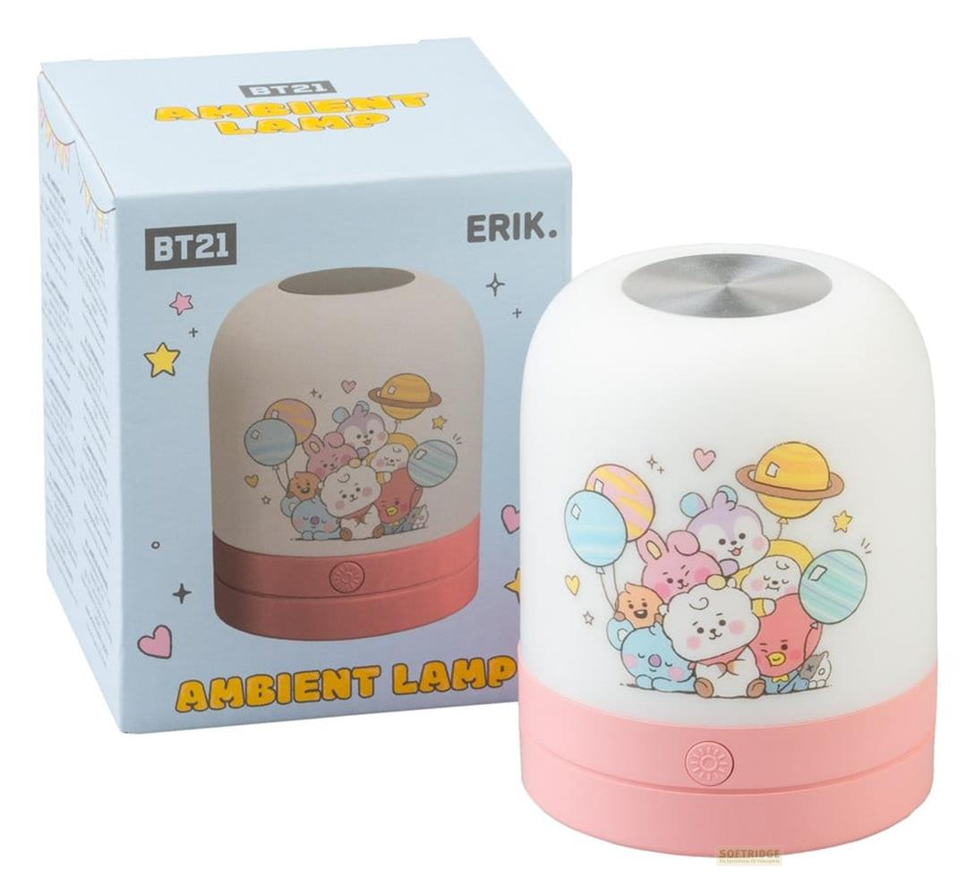 Eine BT21 Ambient Lampe in Weiß und Rosa mit Cartoon-Figuren neben der passenden Verpackung.