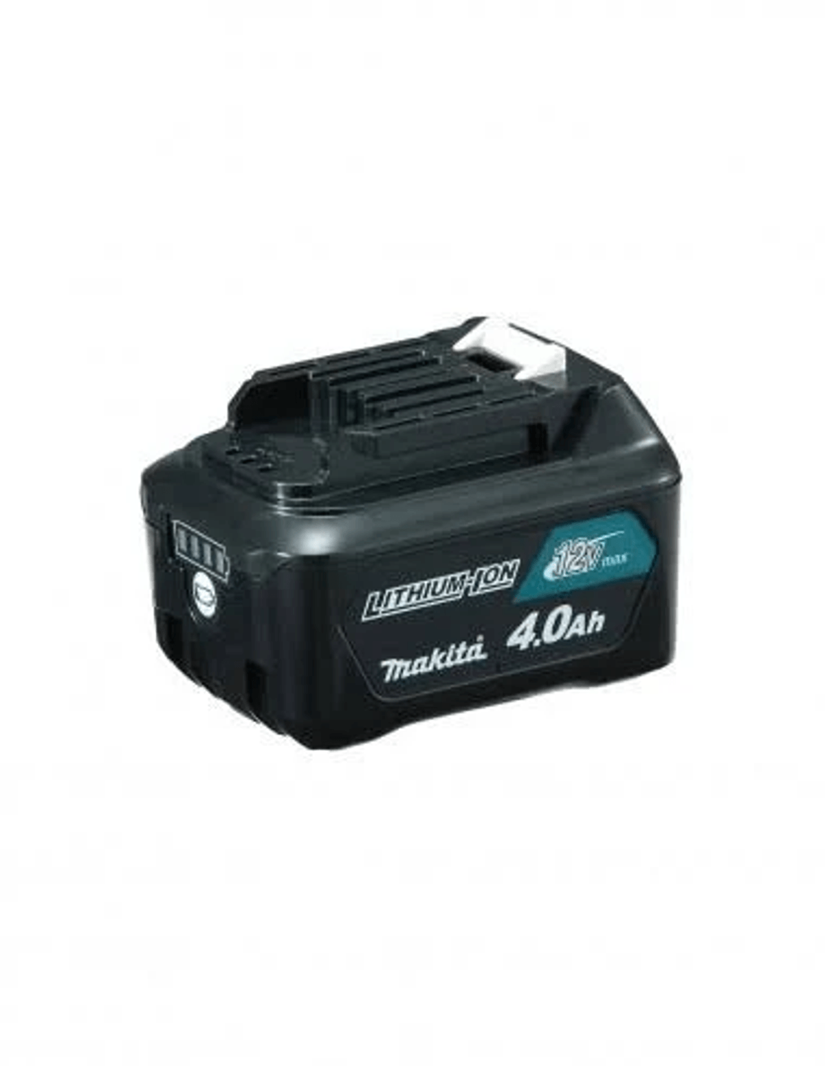 Batería negra de iones de litio Makita 12V Max 4.0Ah sobre fondo blanco.