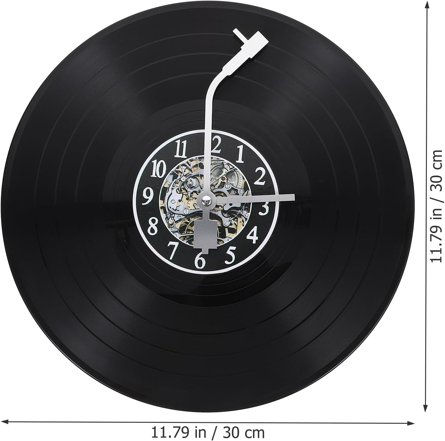 Wanduhr aus einer schwarzen Schallplatte mit sichtbarem Uhrwerk und einer Tonarm-Dekoration.