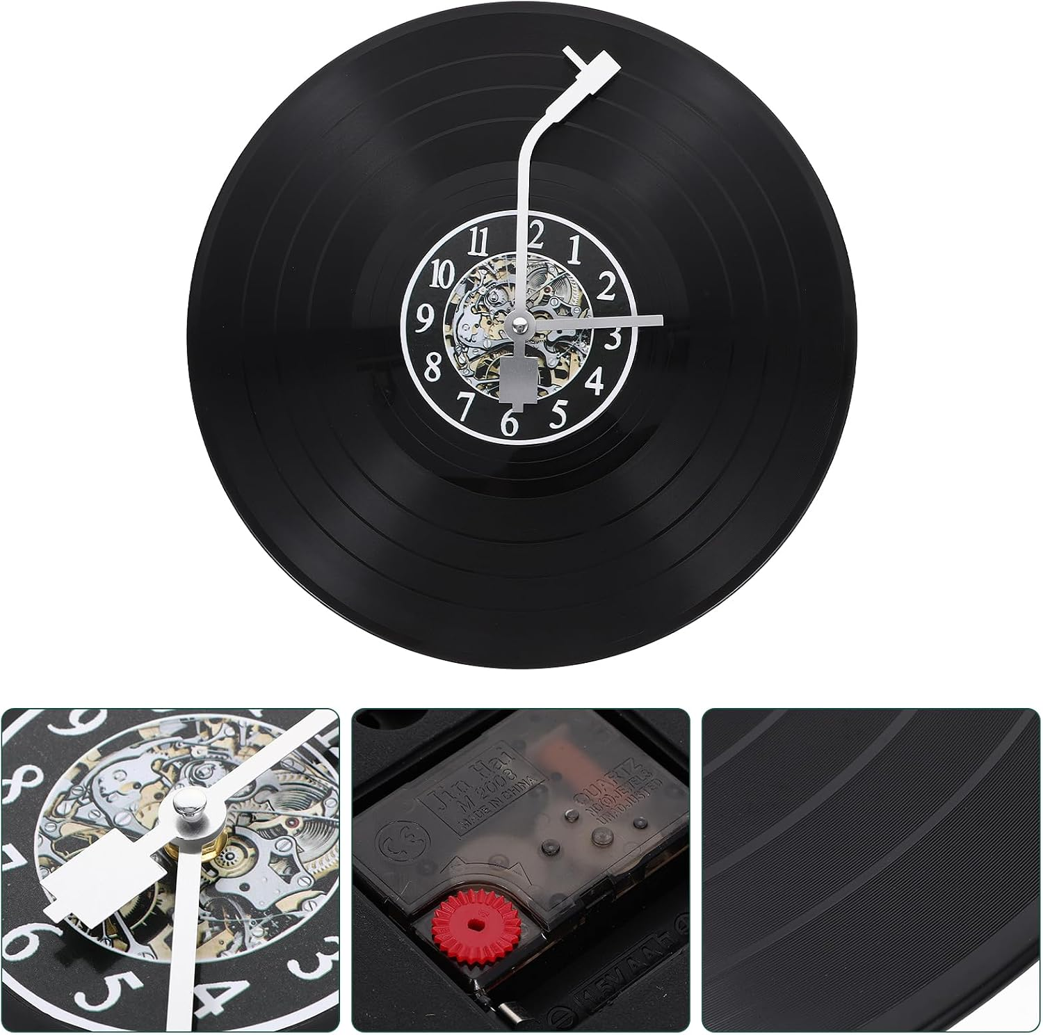 Wanduhr aus einer schwarzen Schallplatte mit sichtbarem Uhrwerk und Details vom Mechanismus und der Rille.